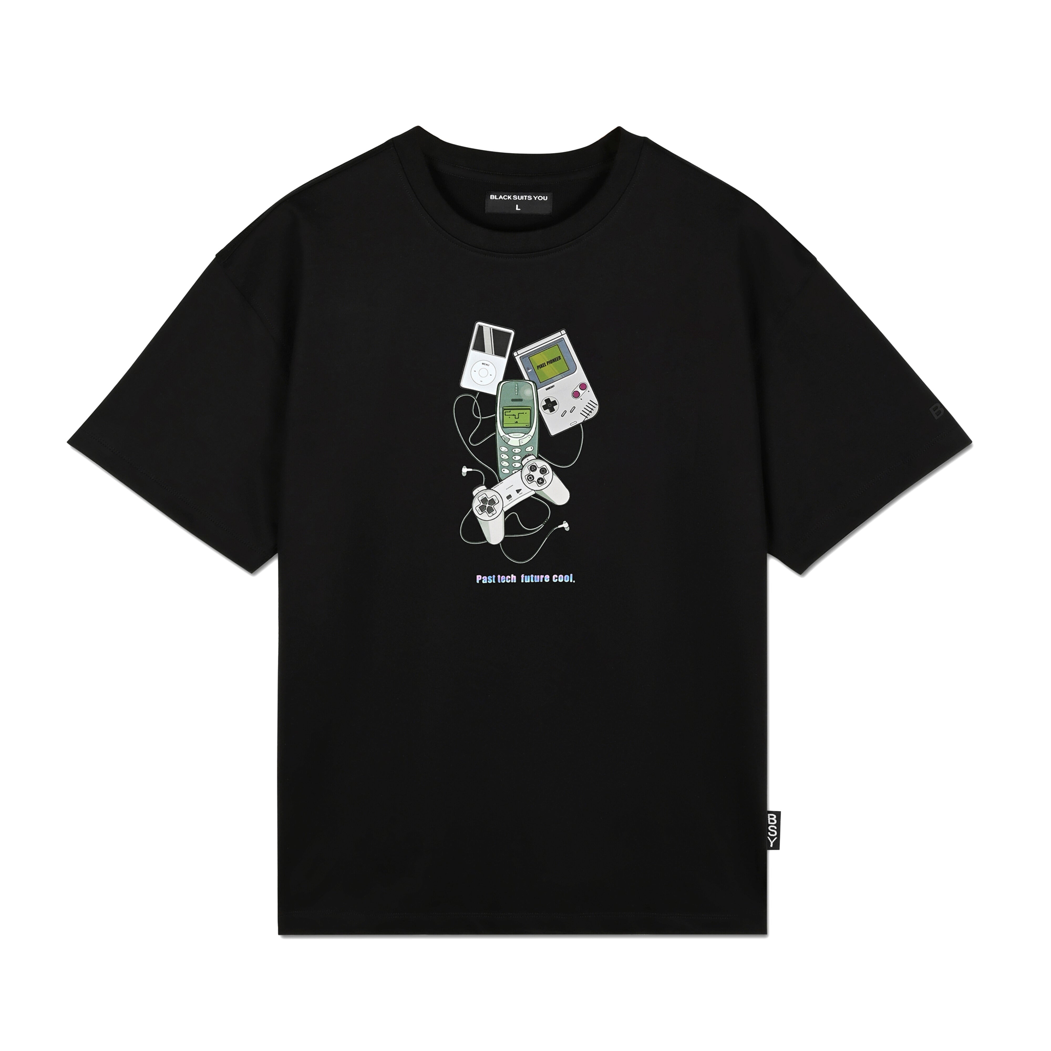 Black streetwear t-shirt with retro tech and game console graphic, text reads 'Past tech future cool.'