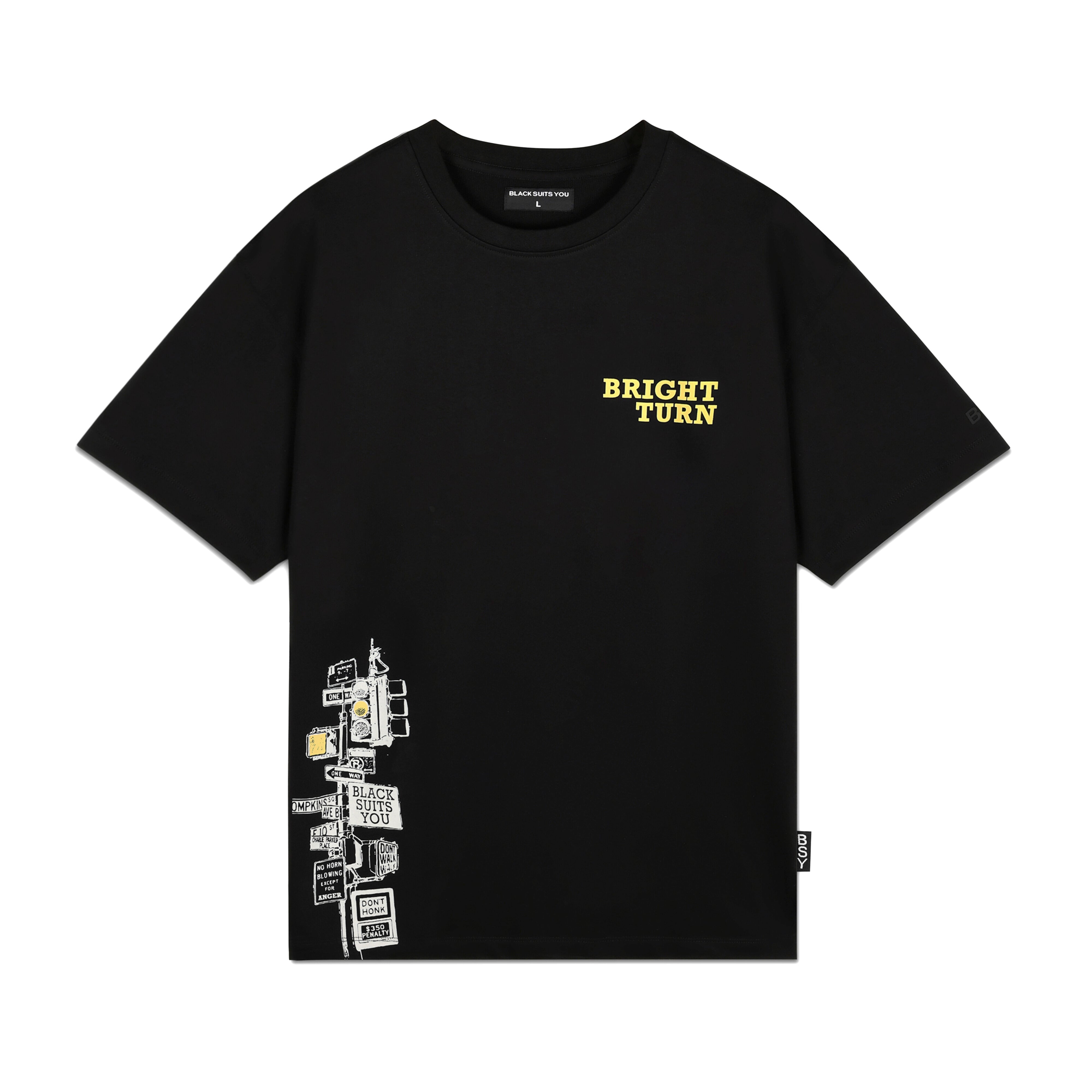 Black streetwear t-shirt with yellow 'BRIGHT TURN' text and graphic road signs print