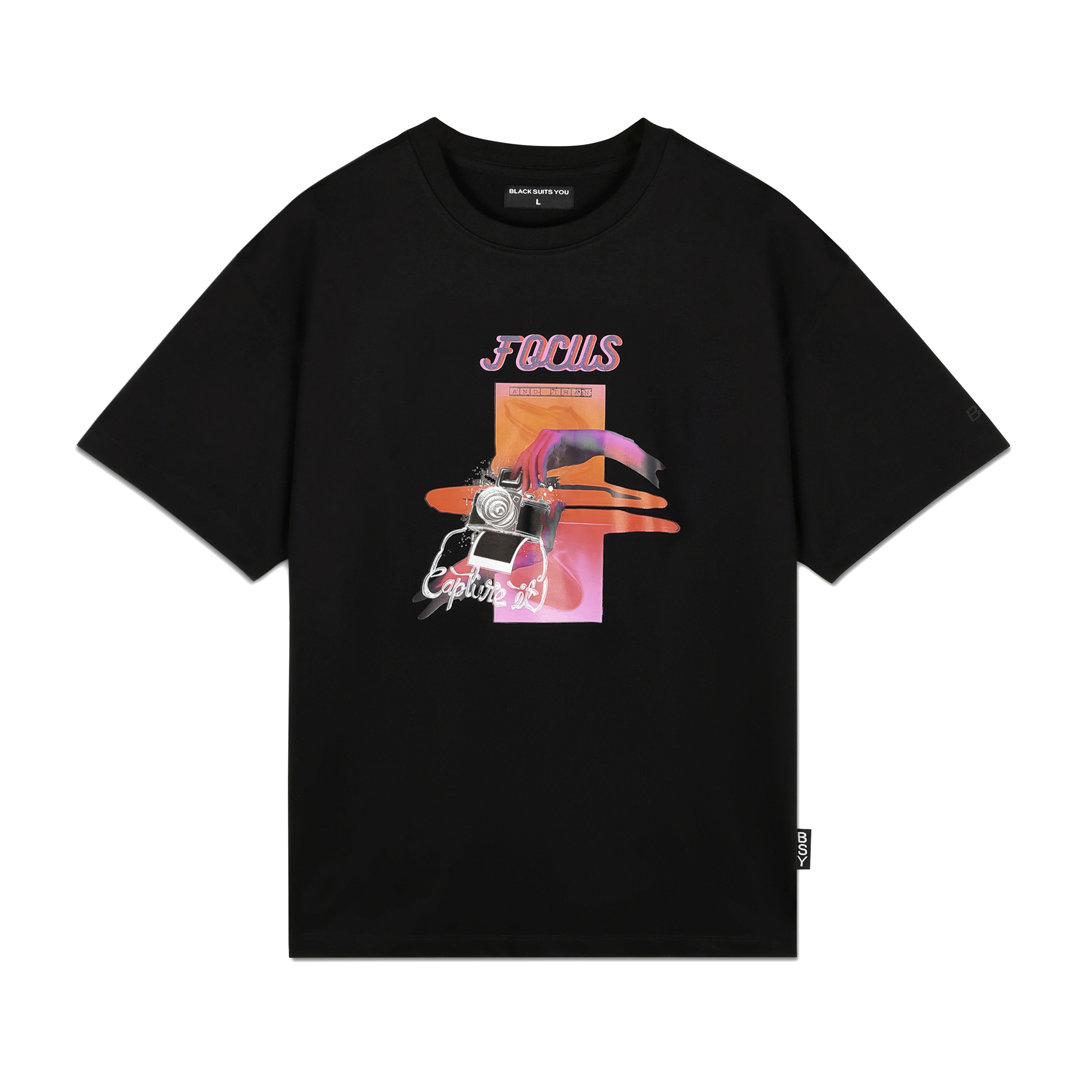 Black streetwear t-shirt with camera graphic, colorful abstract design, and 'FOCUS' text