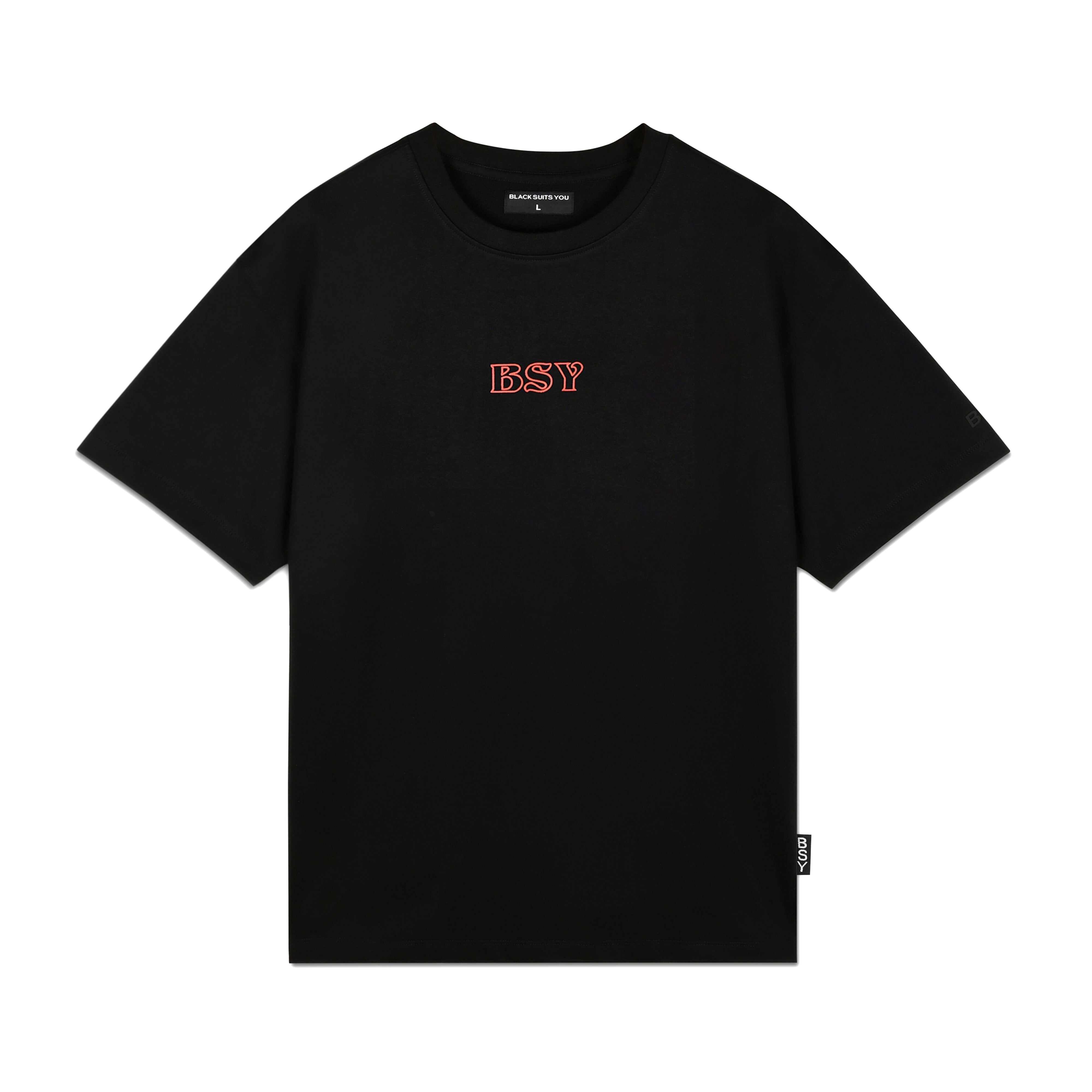 Black streetwear t-shirt with red BSY logo, short sleeves, minimalist design