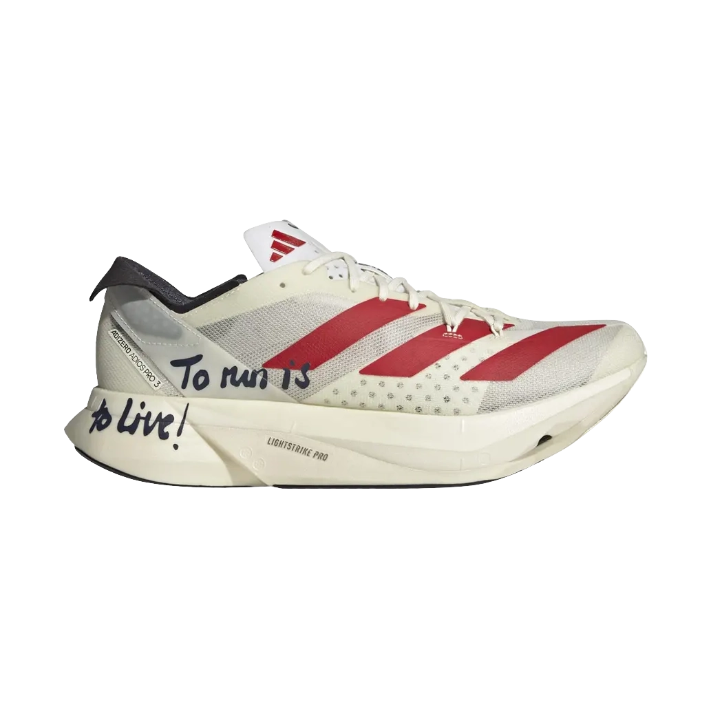 White and red athletic running sneaker with 'To run is to live!' text, mesh upper, chunky sole.