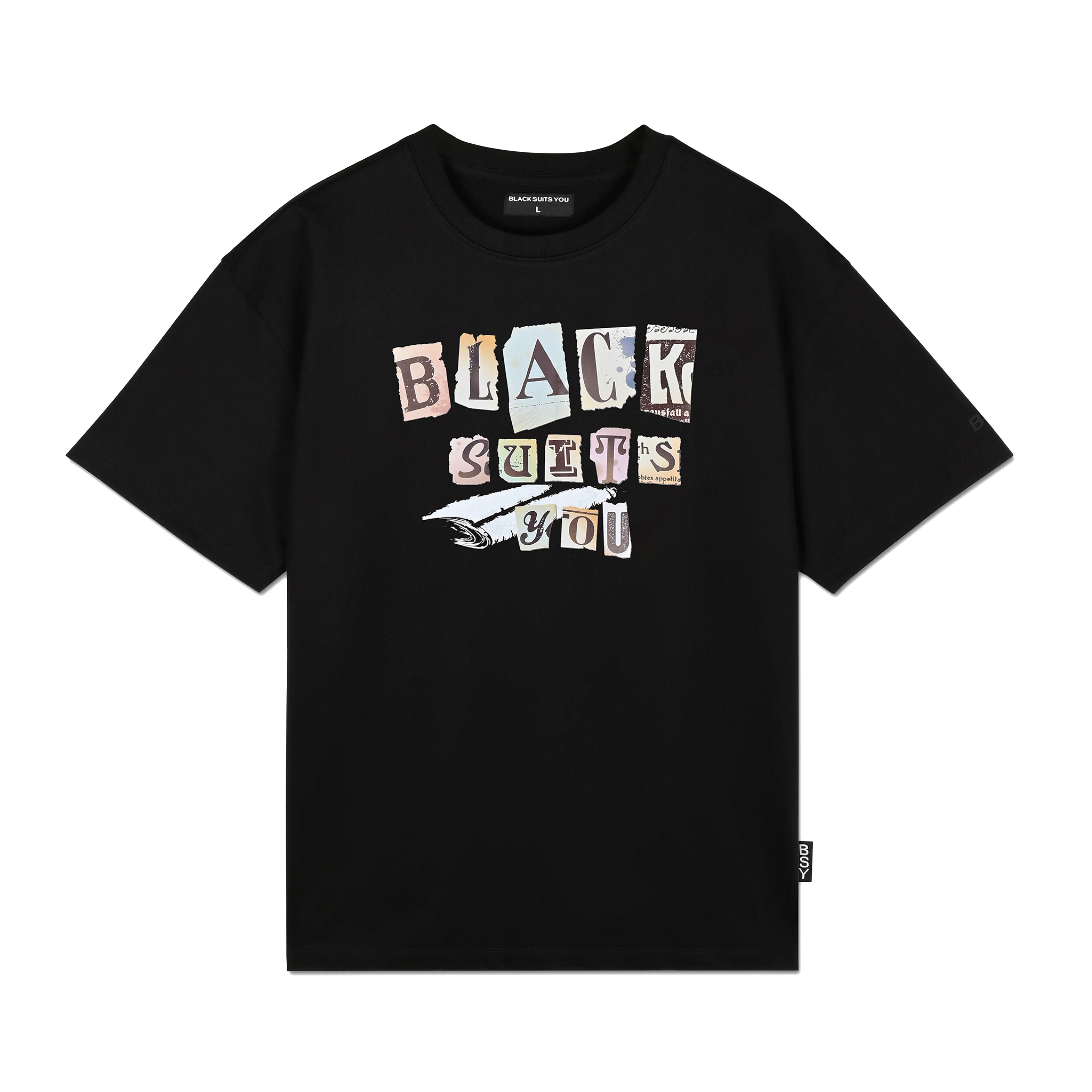 Black streetwear graphic t-shirt with 'BLACK SUITS YOU' pastel text design on front.