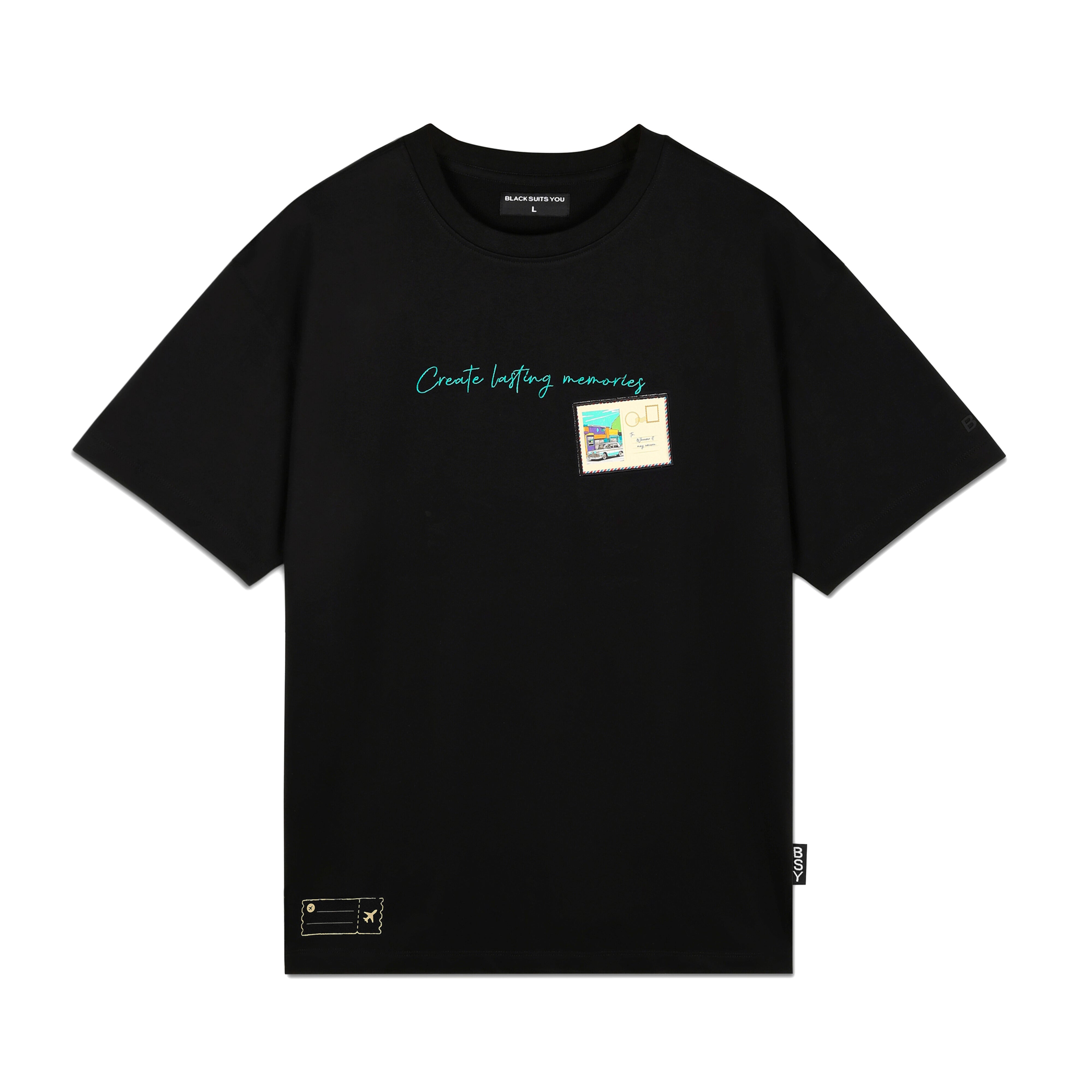 Black streetwear t-shirt with embroidered 'Create lasting memories' text and postage stamp graphic