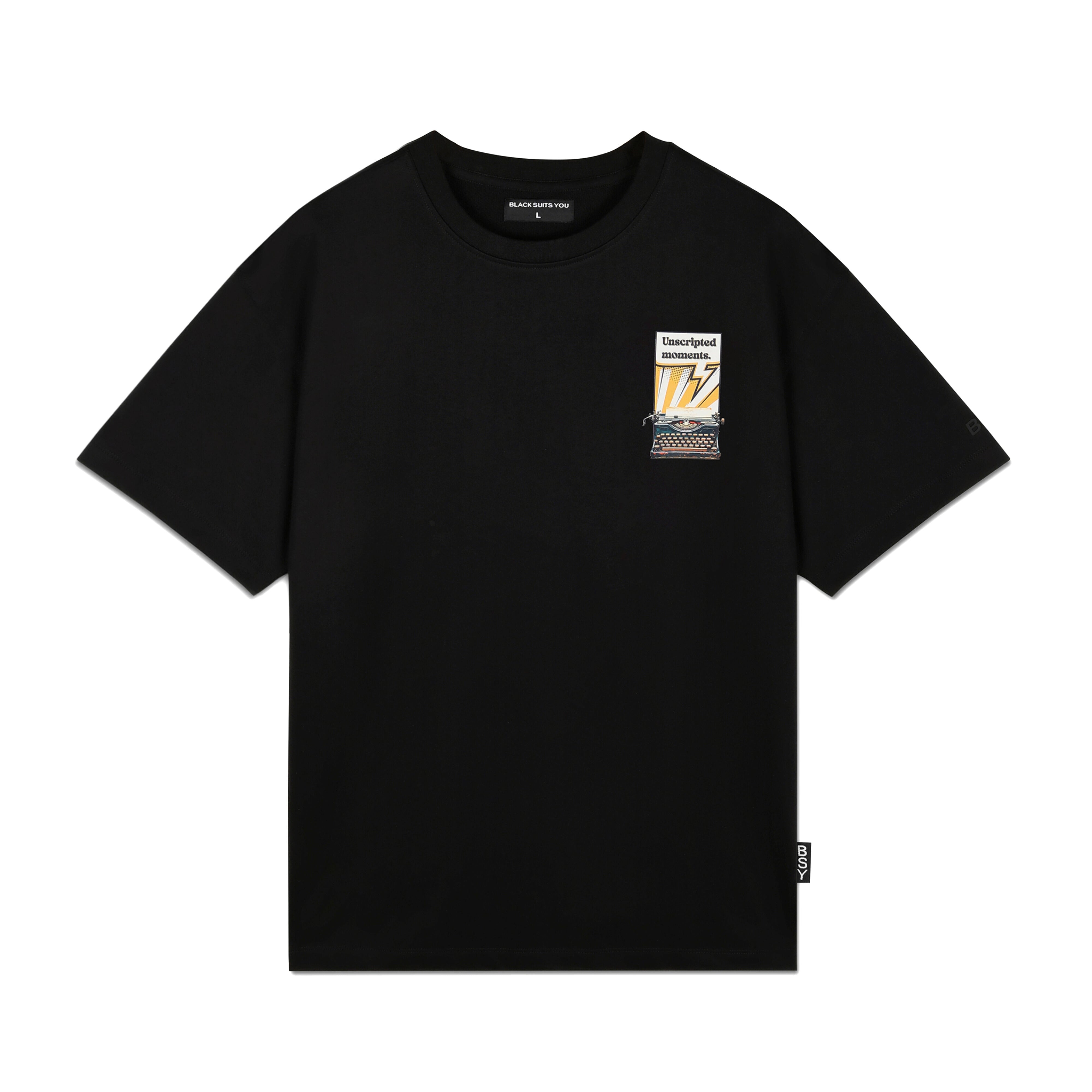 Black streetwear t-shirt with typewriter and 'Unscripted Moments' graphic chest print