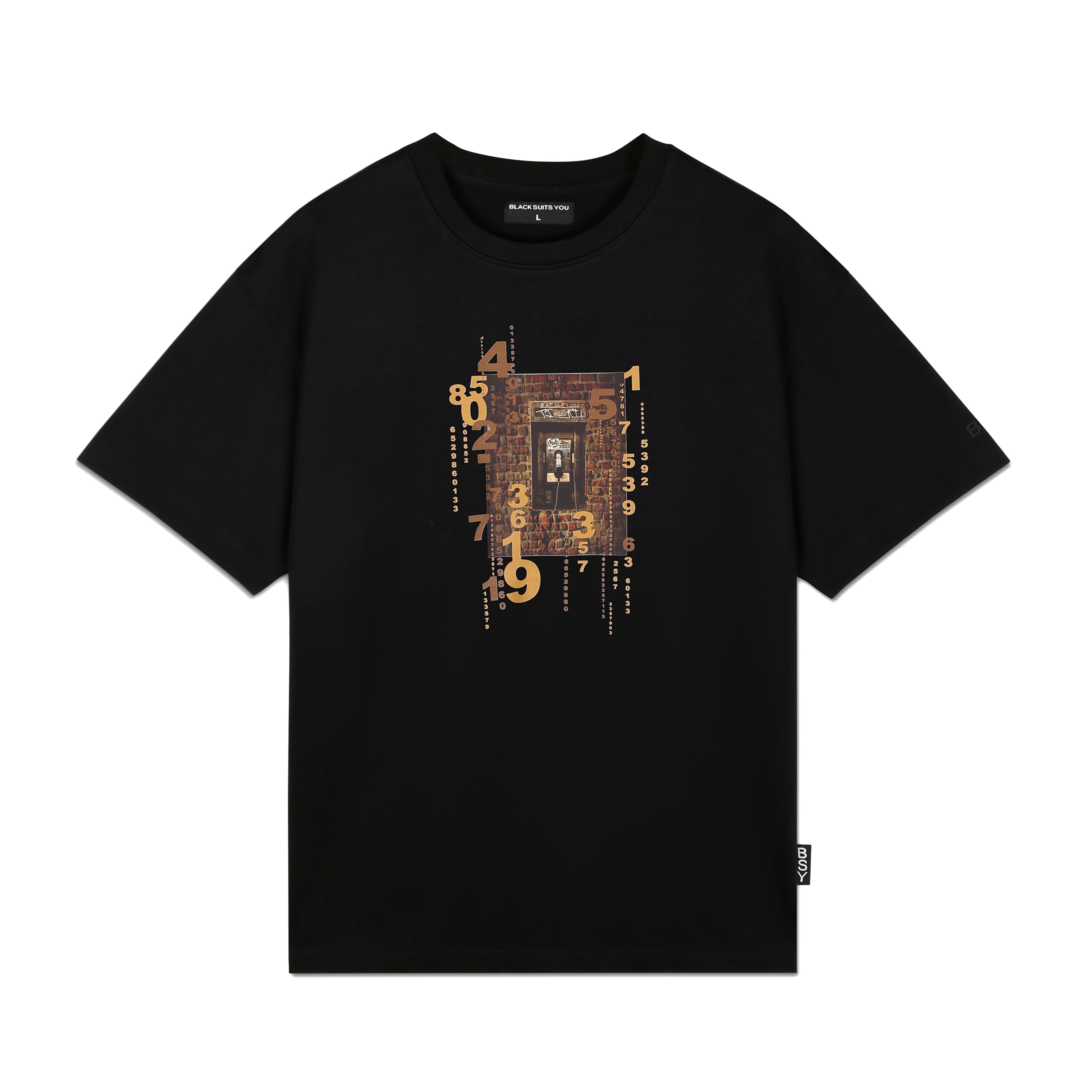 Black streetwear T-shirt with numeric graphic and abstract central print, short sleeves