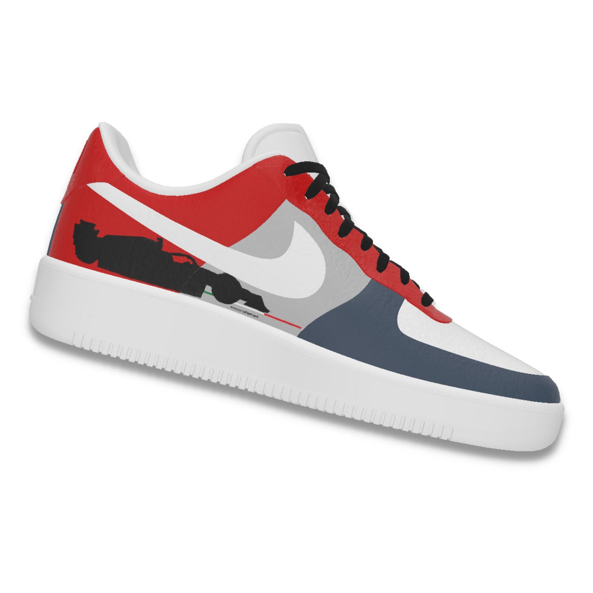 Colorful streetwear sneaker with red, white, blue, and grey panels, racing car graphic, and black laces