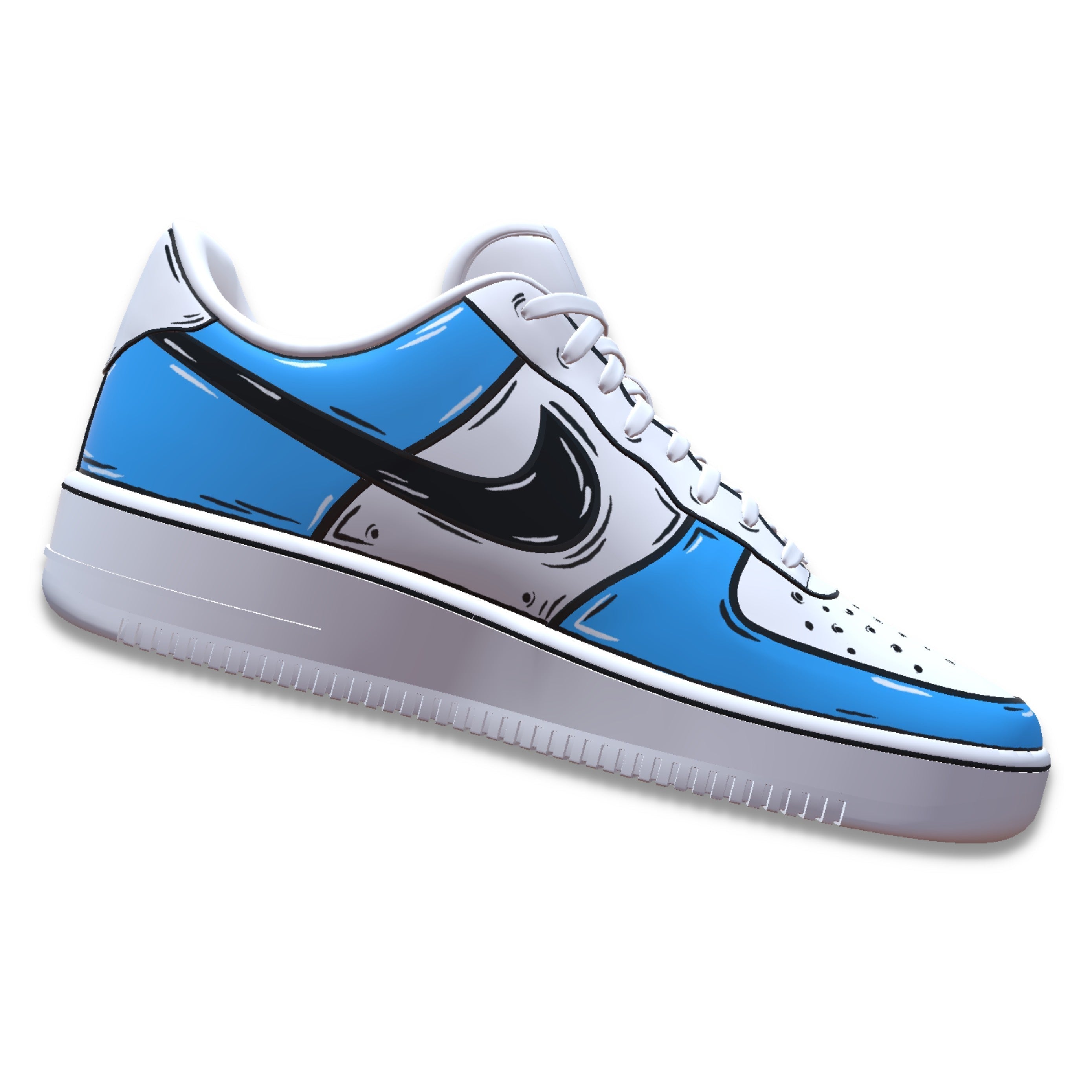 Blue and white streetwear sneaker with cartoon-style design and black Swoosh logo