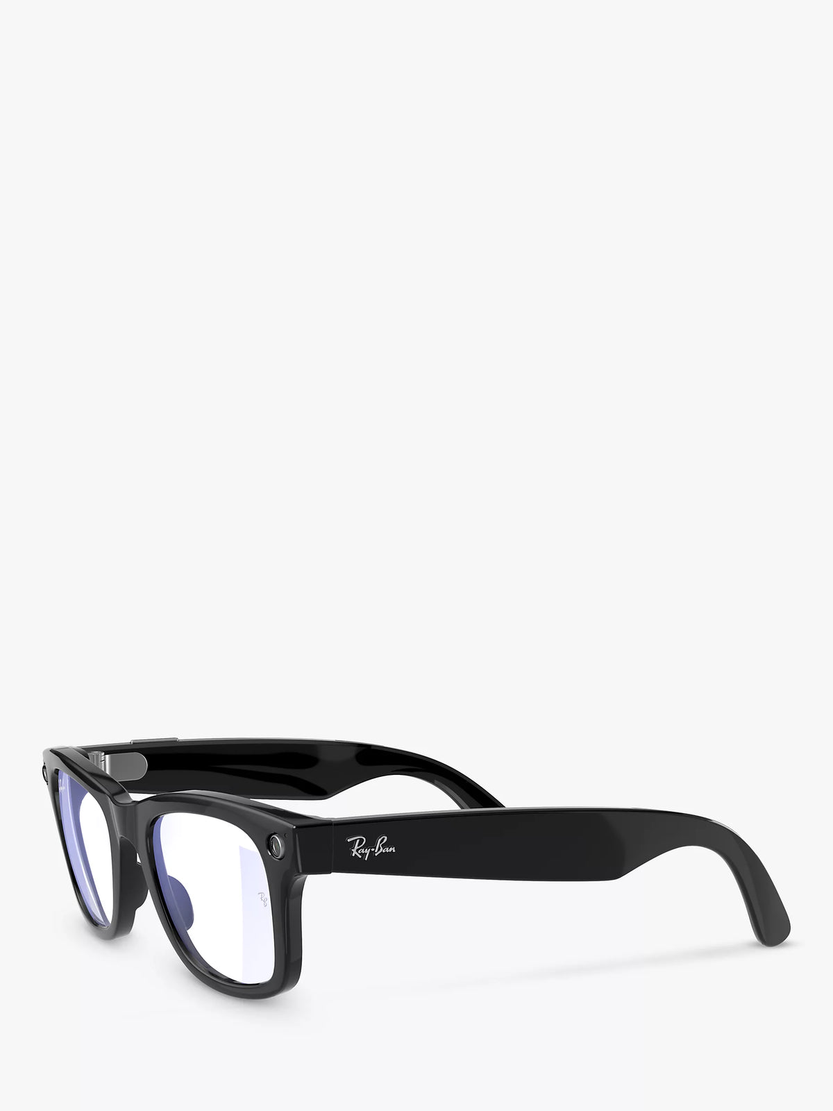 Black wayfarer sunglasses with clear lenses and visible Ray-Ban logo on the temple