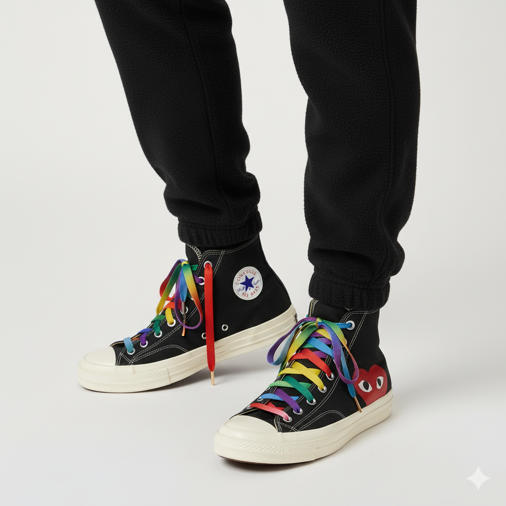 Black high-top sneakers with colorful Gradient laces worn with black pants on a white background