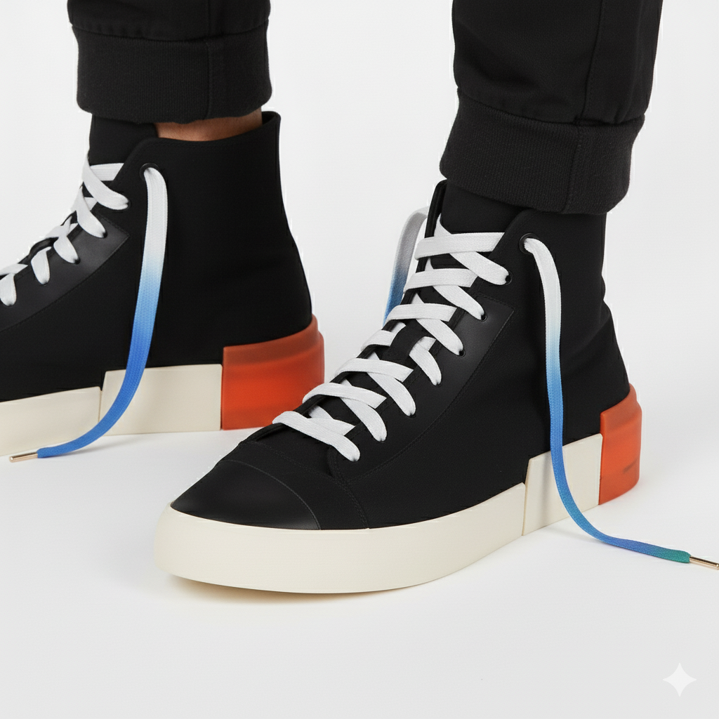 Black high-top sneakers with white - blue - green gradient shoelaces shown on a white background