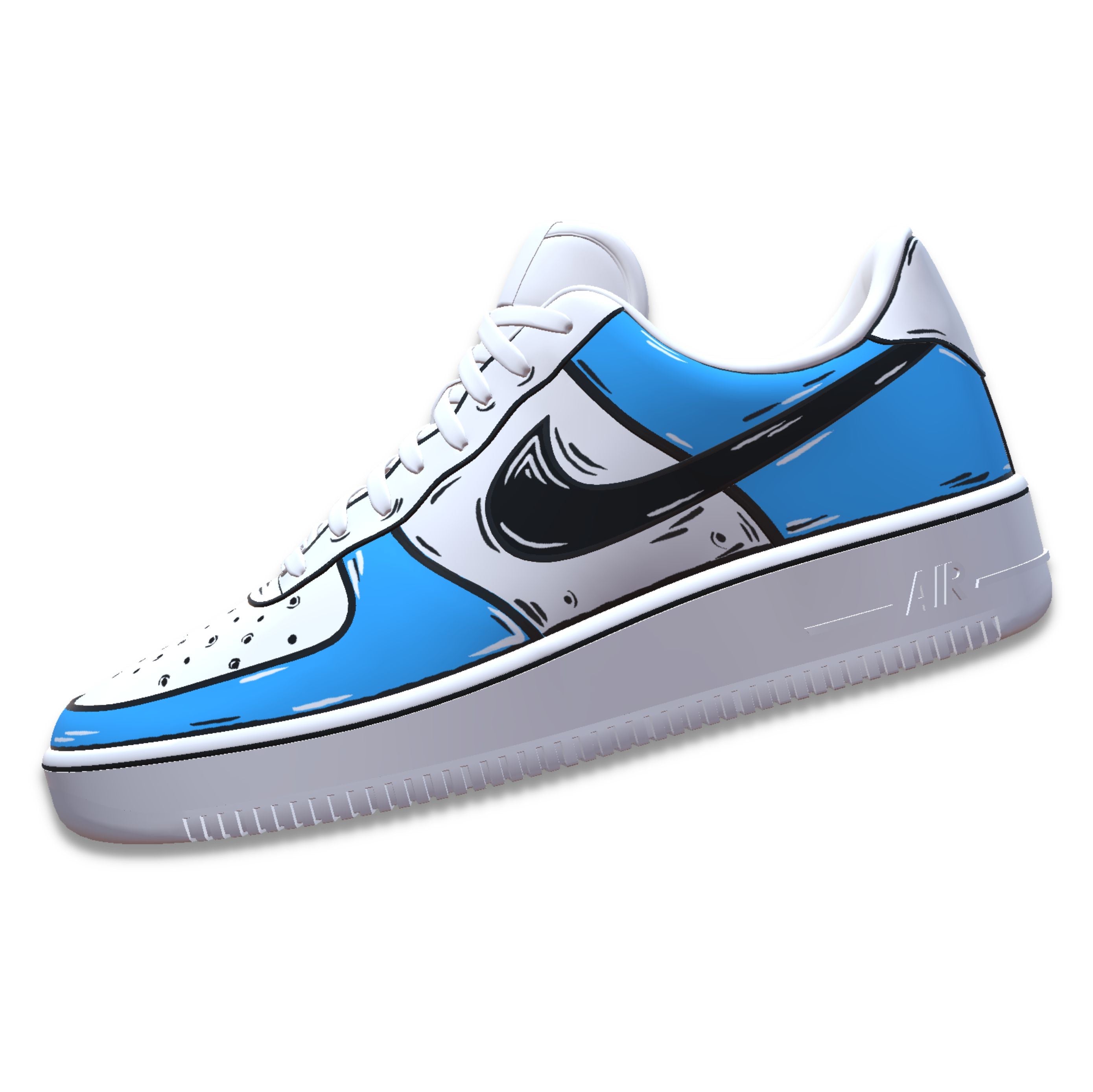 White and blue streetwear sneaker with cartoon-style black detailing and low-top design