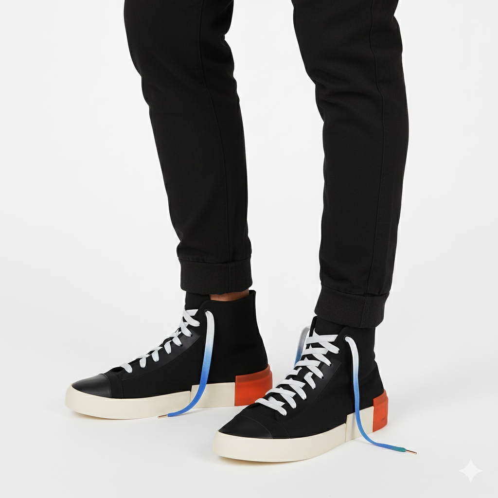 Black high-top sneakers with white - blue - green gradient shoelaces shown on a white background