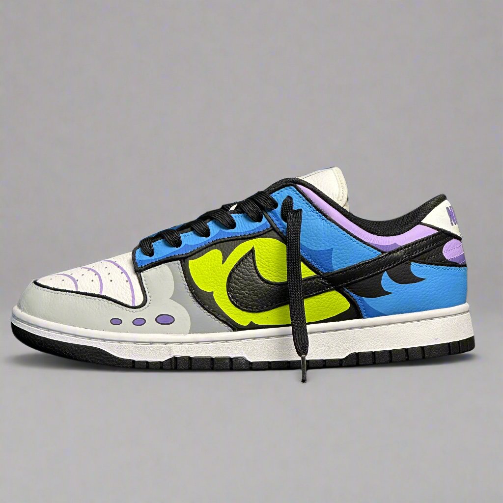 Colorful low-top sneaker with abstract blue, yellow, black, and purple panels on white base
