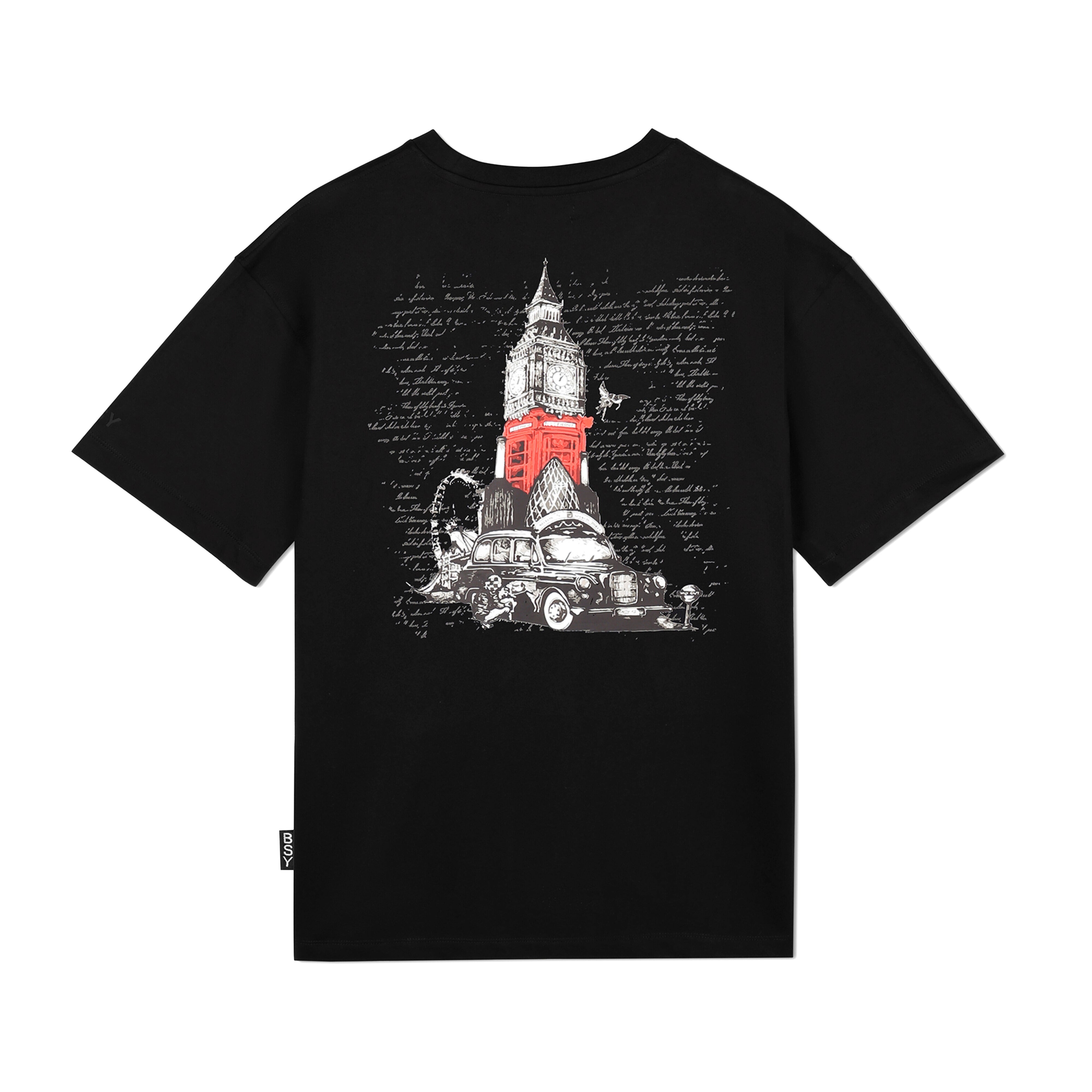 Black streetwear t-shirt featuring London landmarks graphic with Big Ben, taxi, and red phone booth