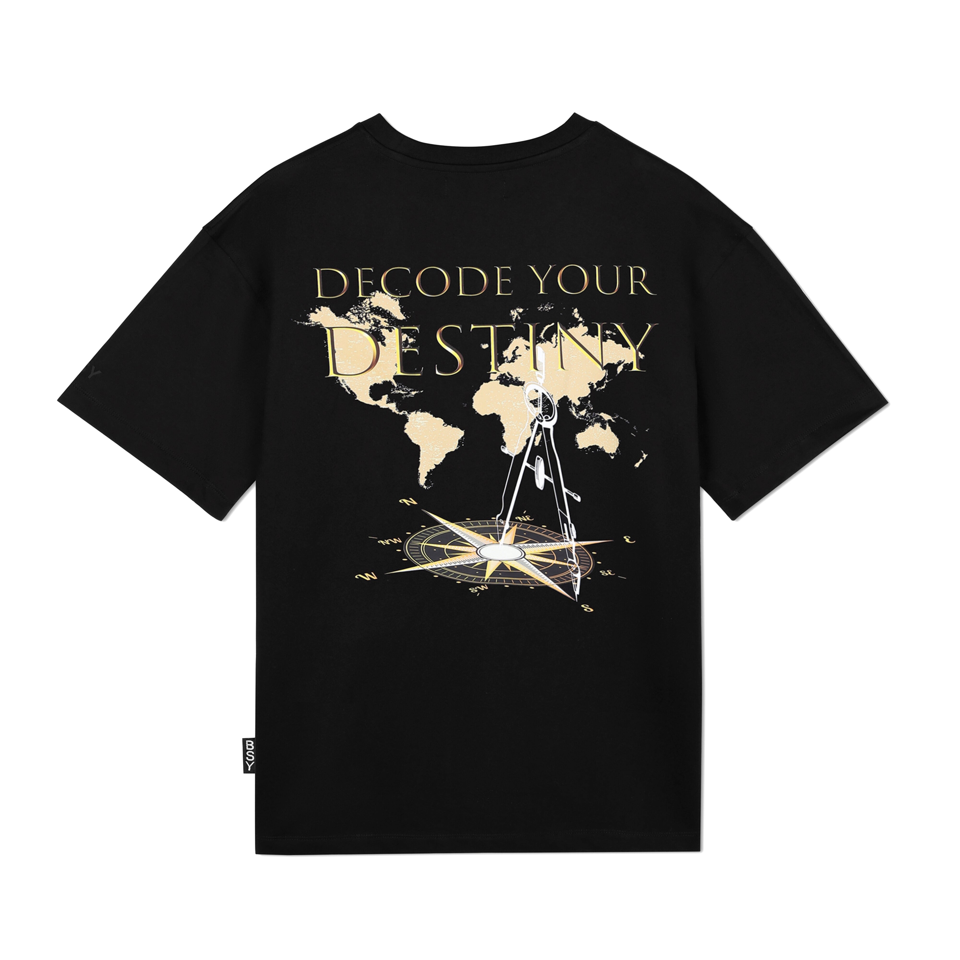 Black streetwear t-shirt with 'Decode Your Destiny' text, world map, and compass graphic on back.