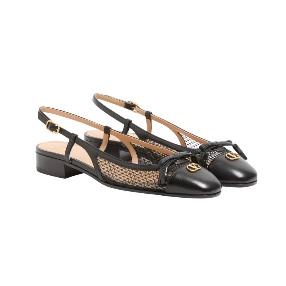 Valentino Valet Du Roi Slingback Ballerina In Mesh And Kidskin 25mm Black