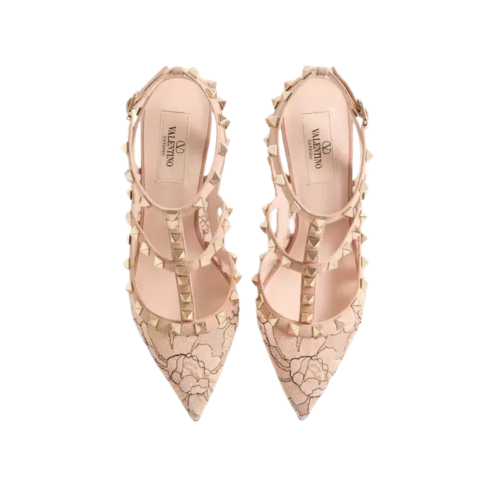 Valentino Rockstud Lace Pump With Straps 100mm Skin