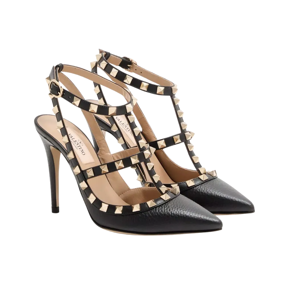Valentino Rockstud Grainy Leather Ankle Strap Pump 100mm Black