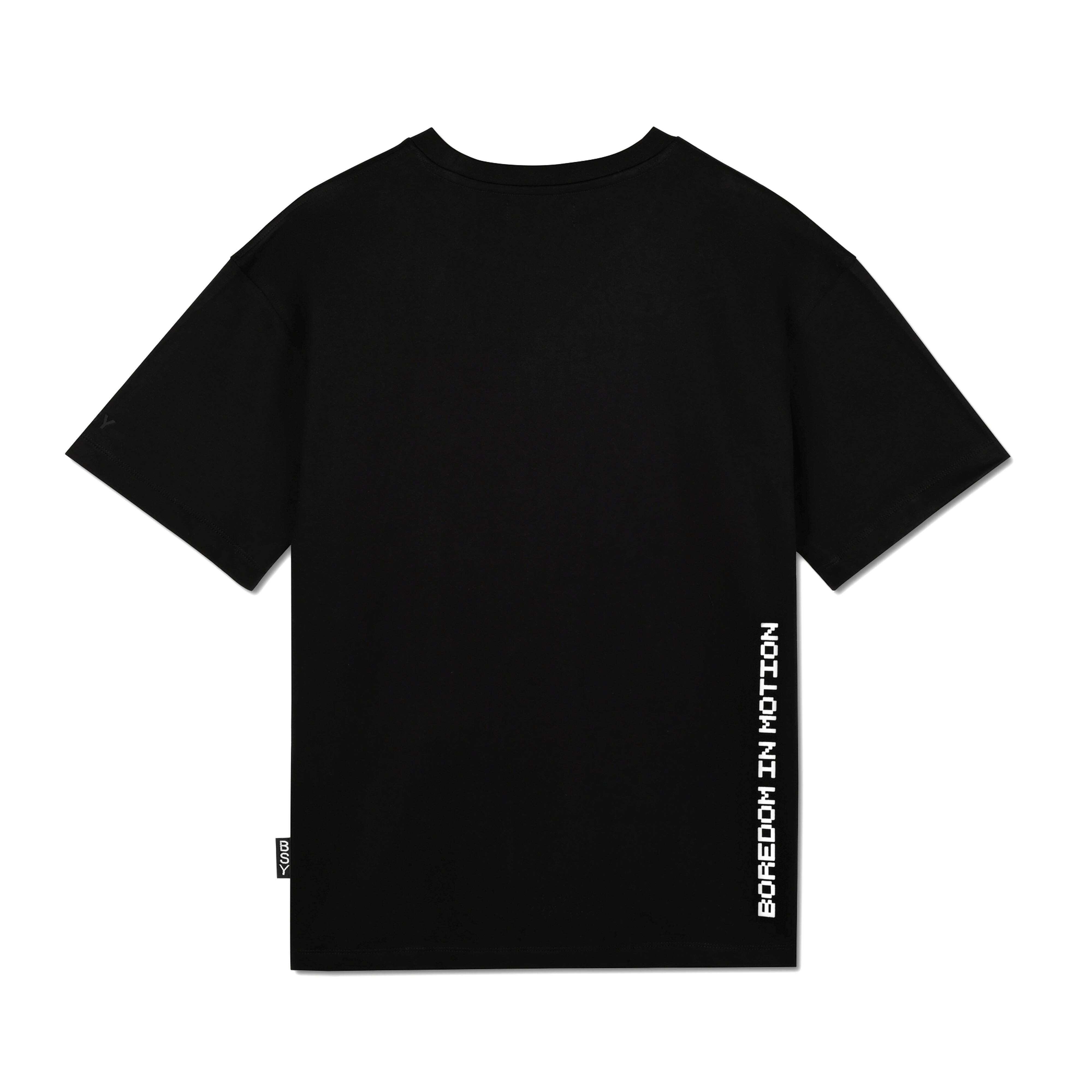 Black streetwear t-shirt with 'BOREDOM IN MOTION' print on the back hem