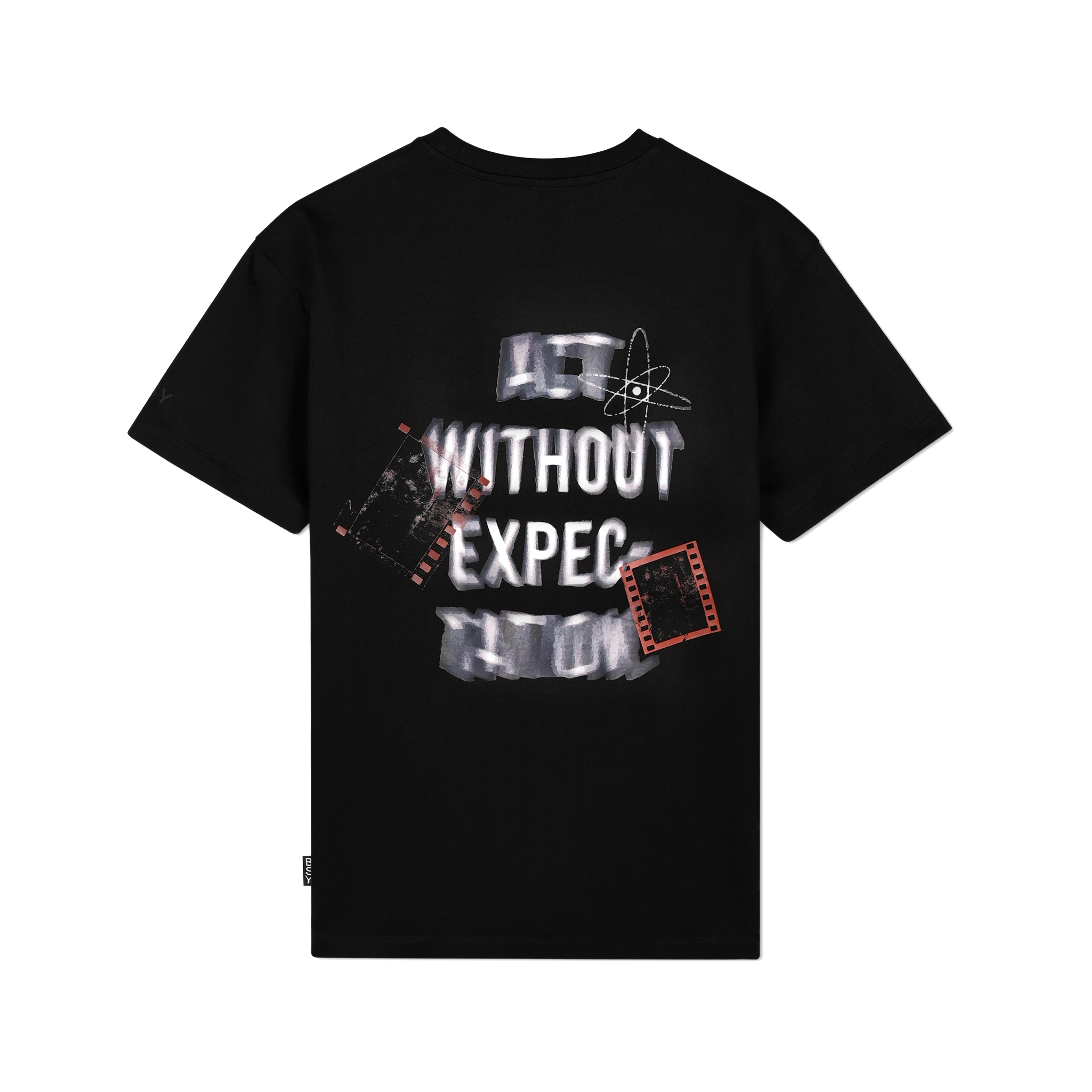 Black streetwear t-shirt with 'Act Without Expectation' text and film strip graphics on back