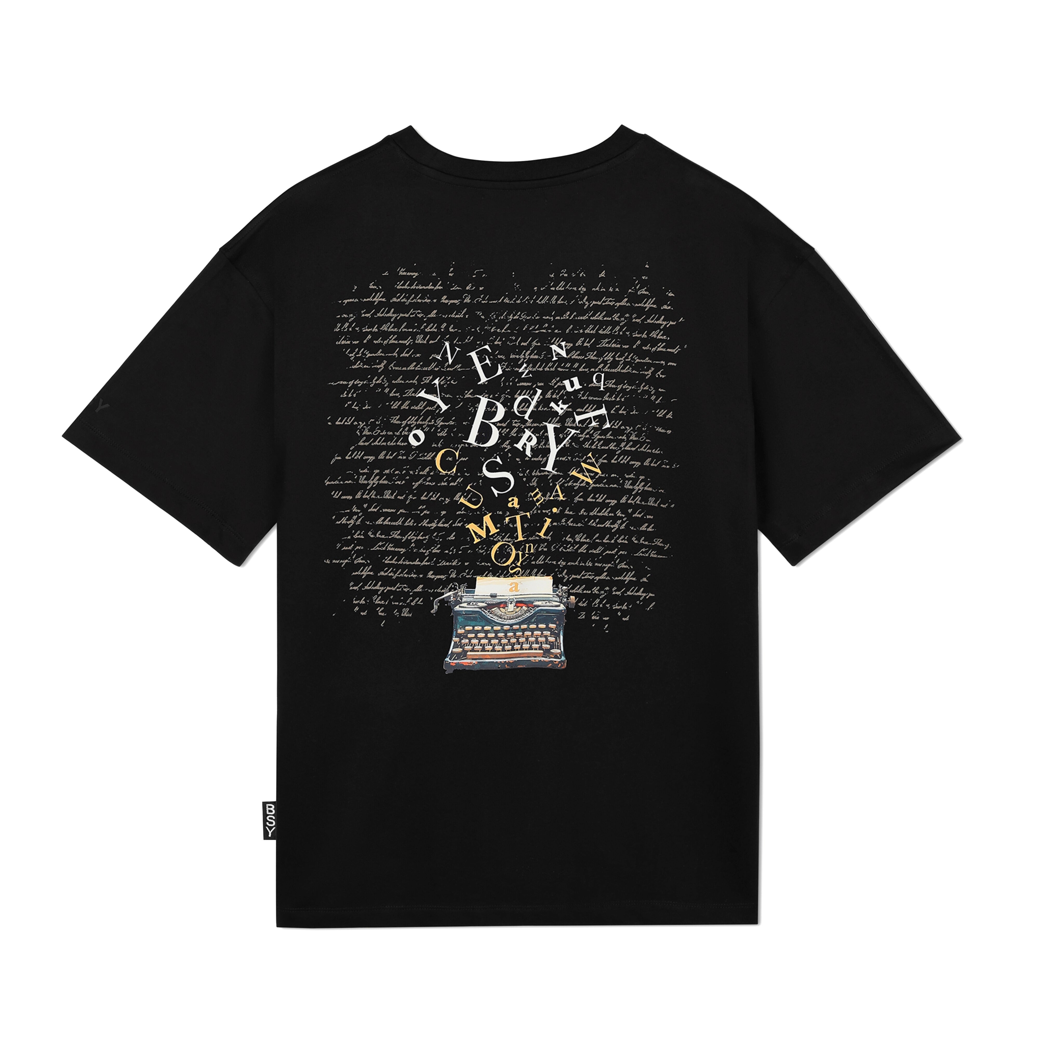 Black streetwear t-shirt with typewriter and scattered letters graphic on the back