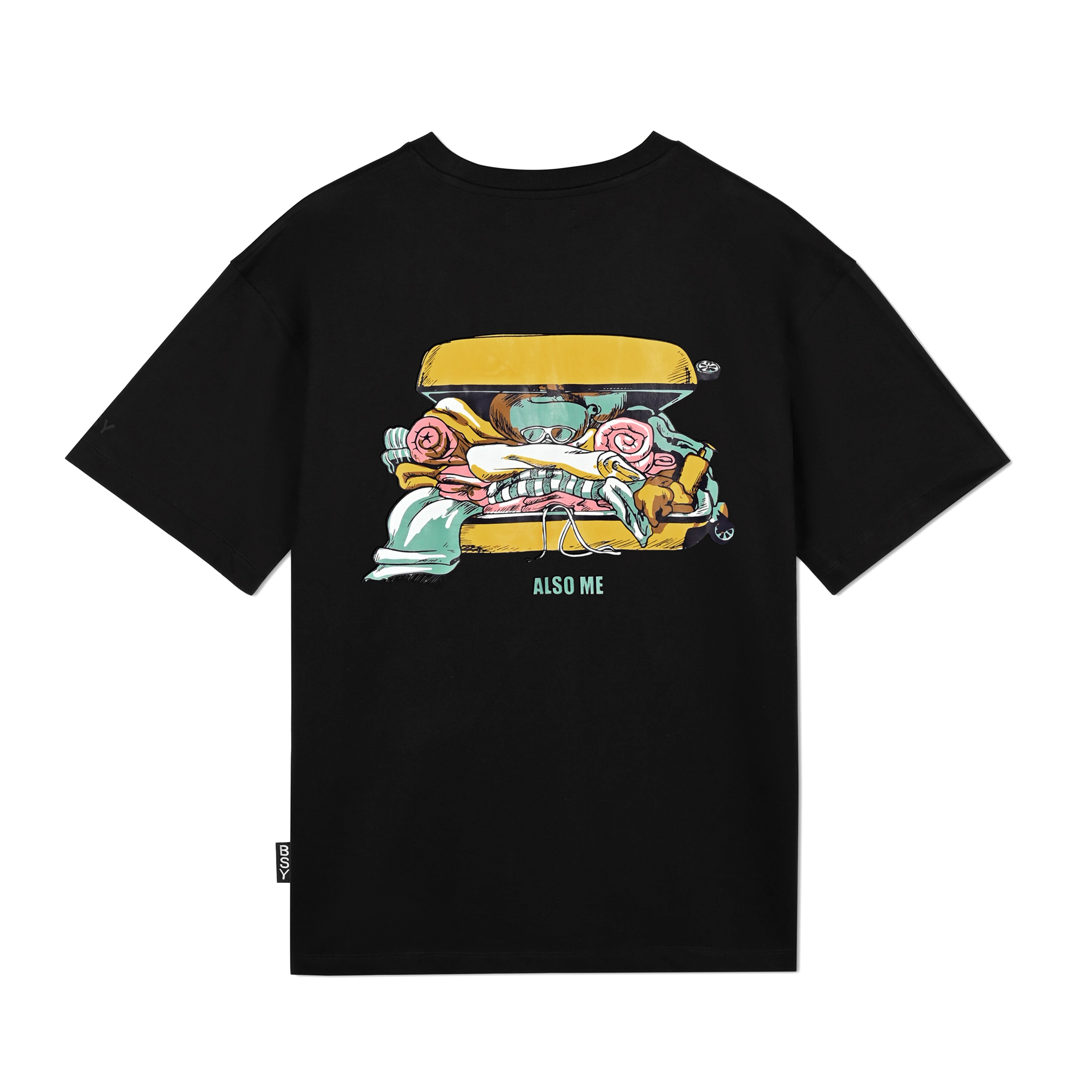 Black streetwear t-shirt with colorful cartoon graphic and 'ALSO ME' text on the back