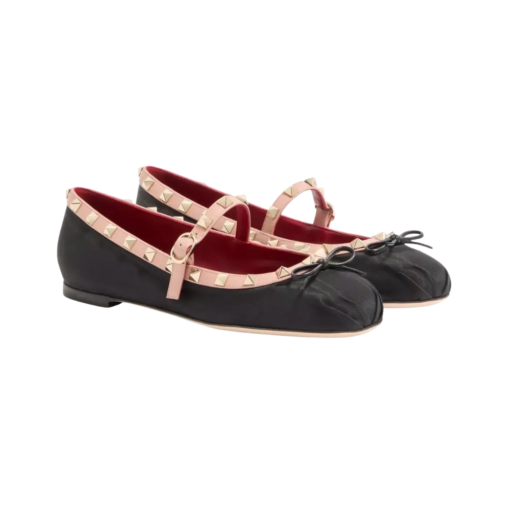 Valentino Mary-Jane Rockstud Ballerina In Moire Fabric 05mm Black