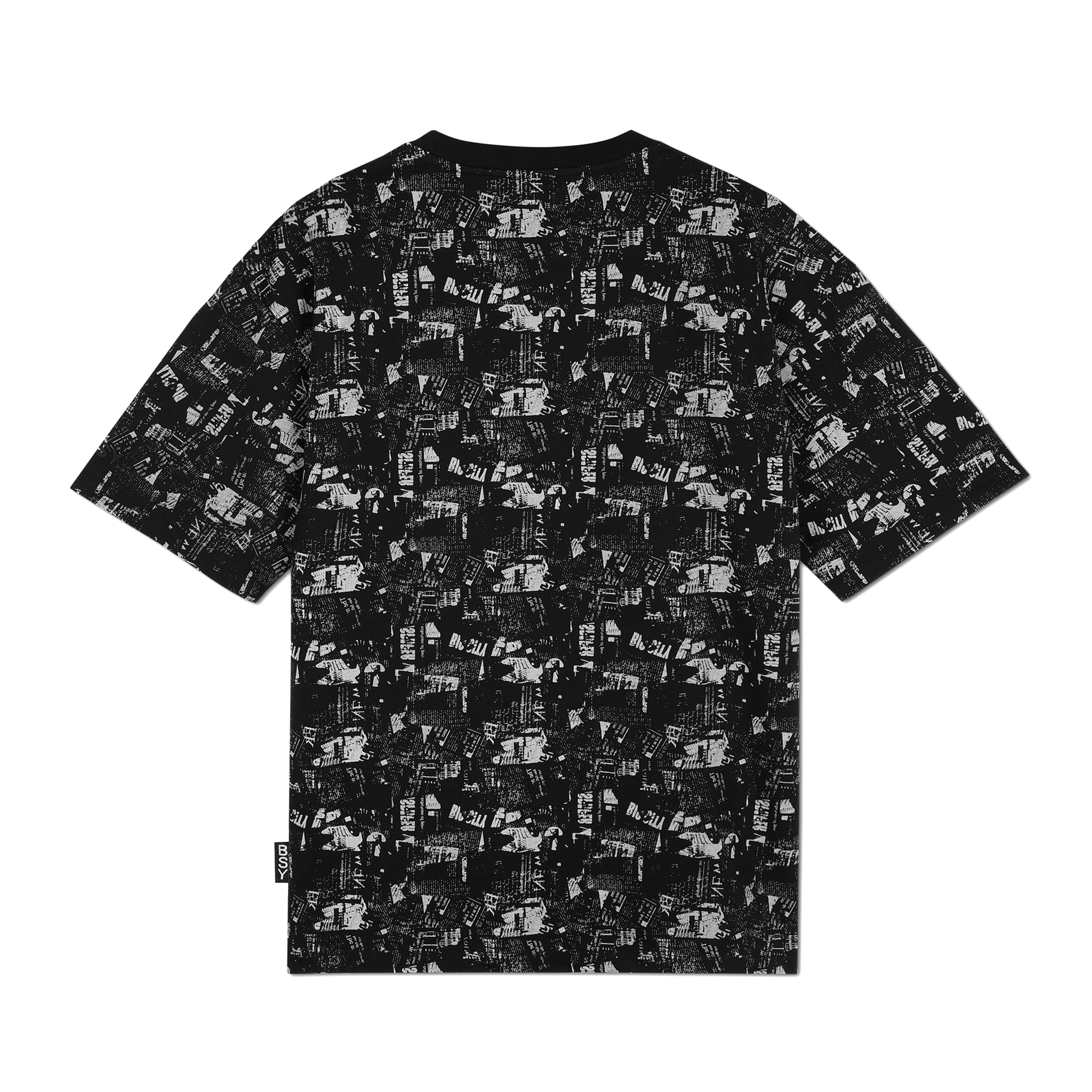 Black streetwear t-shirt with all-over white urban graphic print, short sleeves, back view