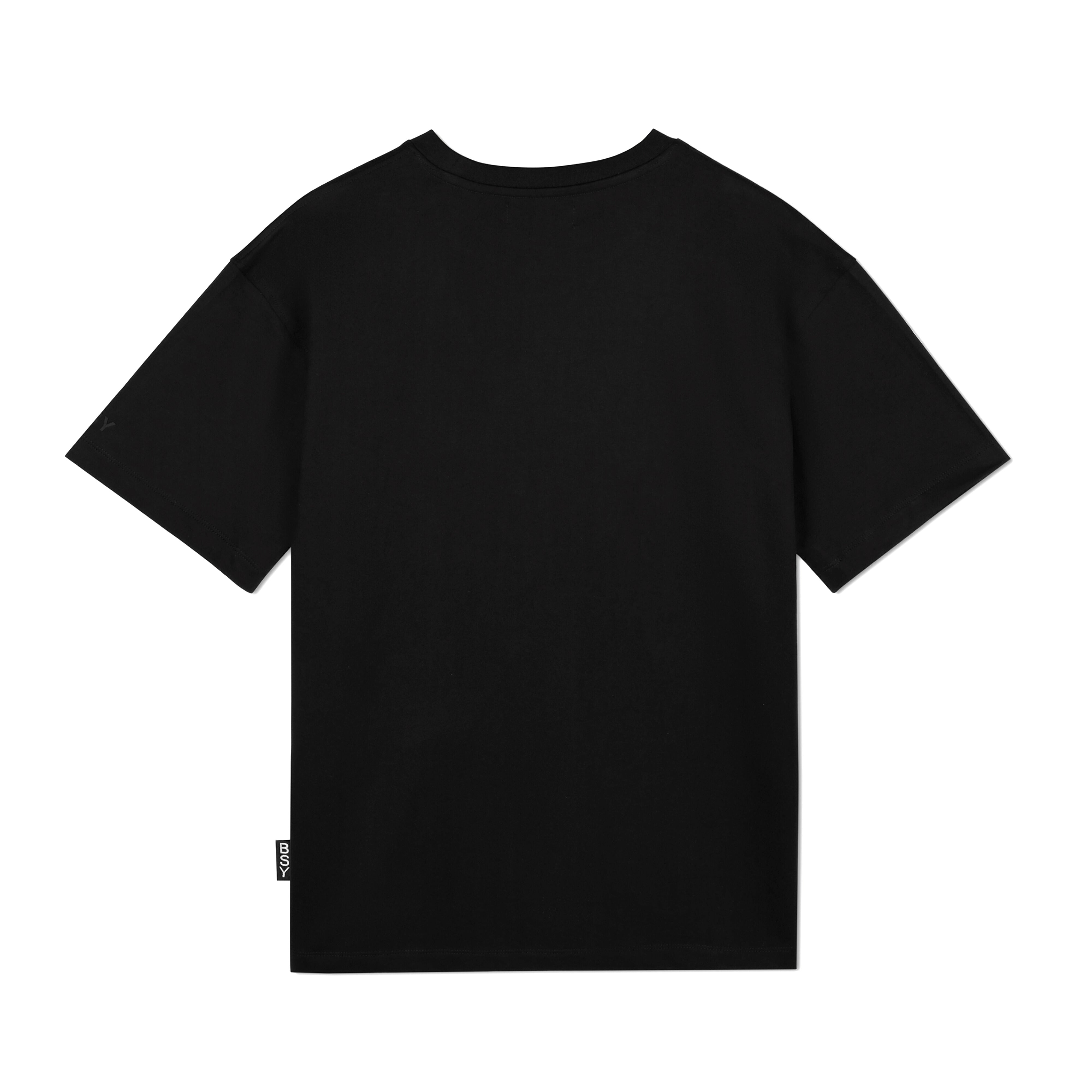 Back view of a plain black streetwear t-shirt with short sleeves on white background