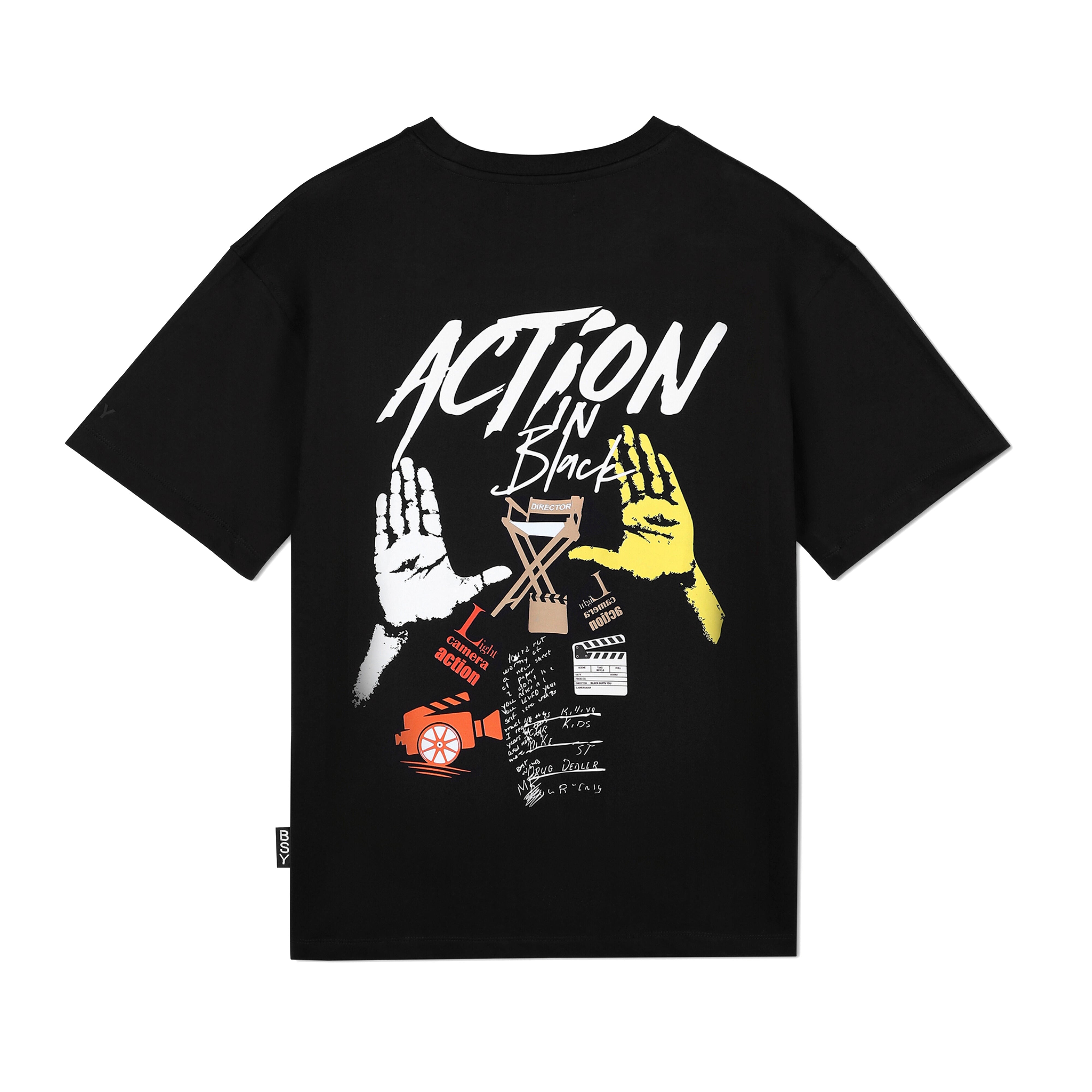 Black streetwear t-shirt with bold 'Action in Black' graphic, film and handprint design on back