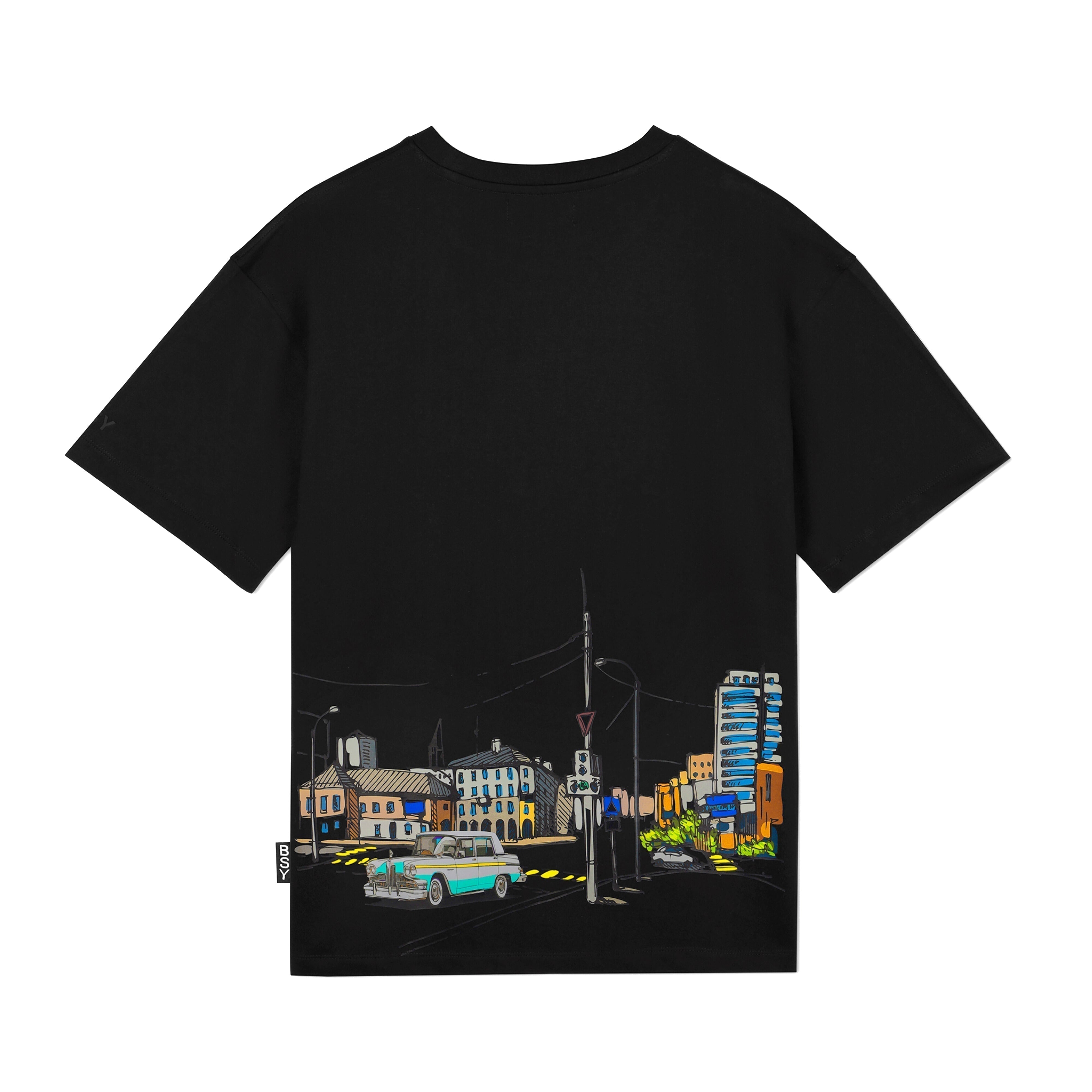 Black streetwear t-shirt with colorful cityscape and vintage car graphic on the back
