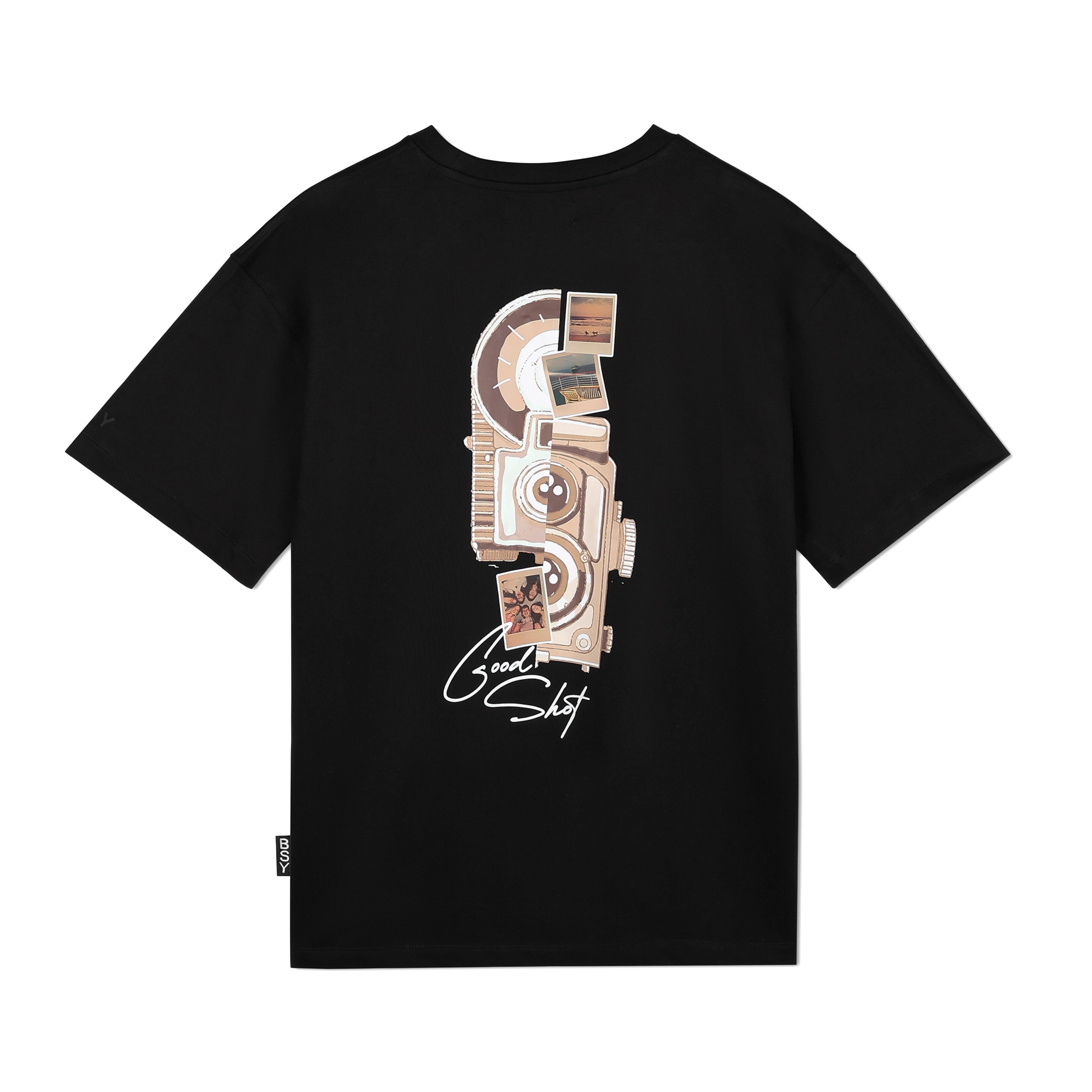 Black streetwear t-shirt featuring vintage camera and photo print on the back, graphic tee