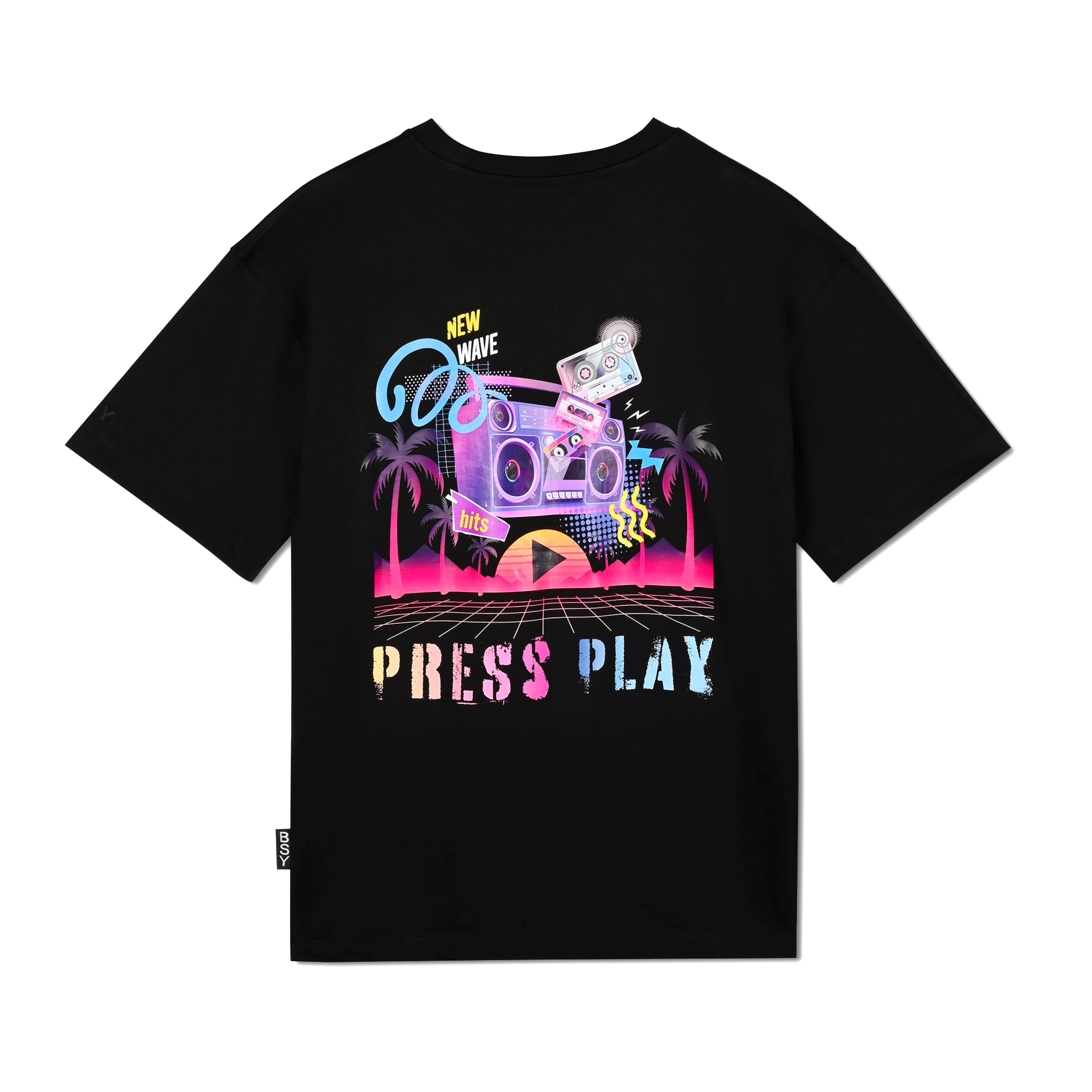 Black streetwear t-shirt with retro neon boombox, cassette tape, palm trees, and 'Press Play' graphic.