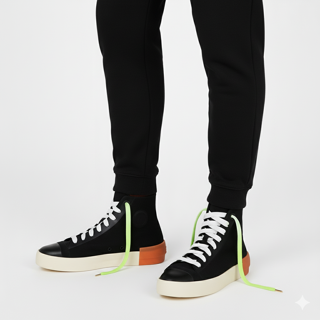Black high top shoes and the shoelaces worn are Neon green and white gradient shoelaces on a white background