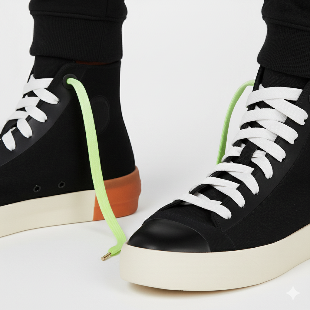 Black high top shoes and the shoelaces worn are Neon green and white gradient shoelaces on a white background