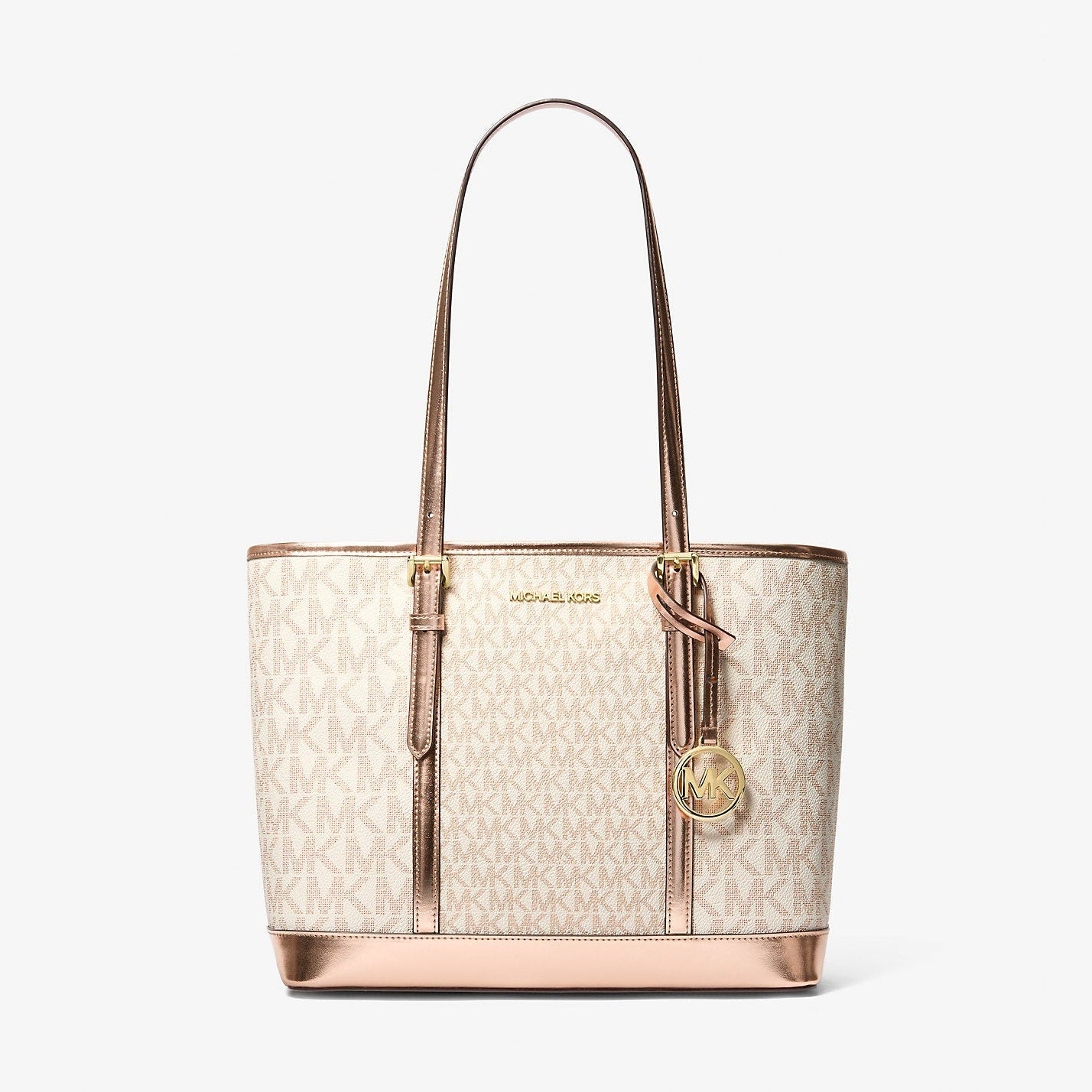 Michael Kors Jet Set Travel Small Metallic Logo Top-Zip Tote Bag Rose Gold
