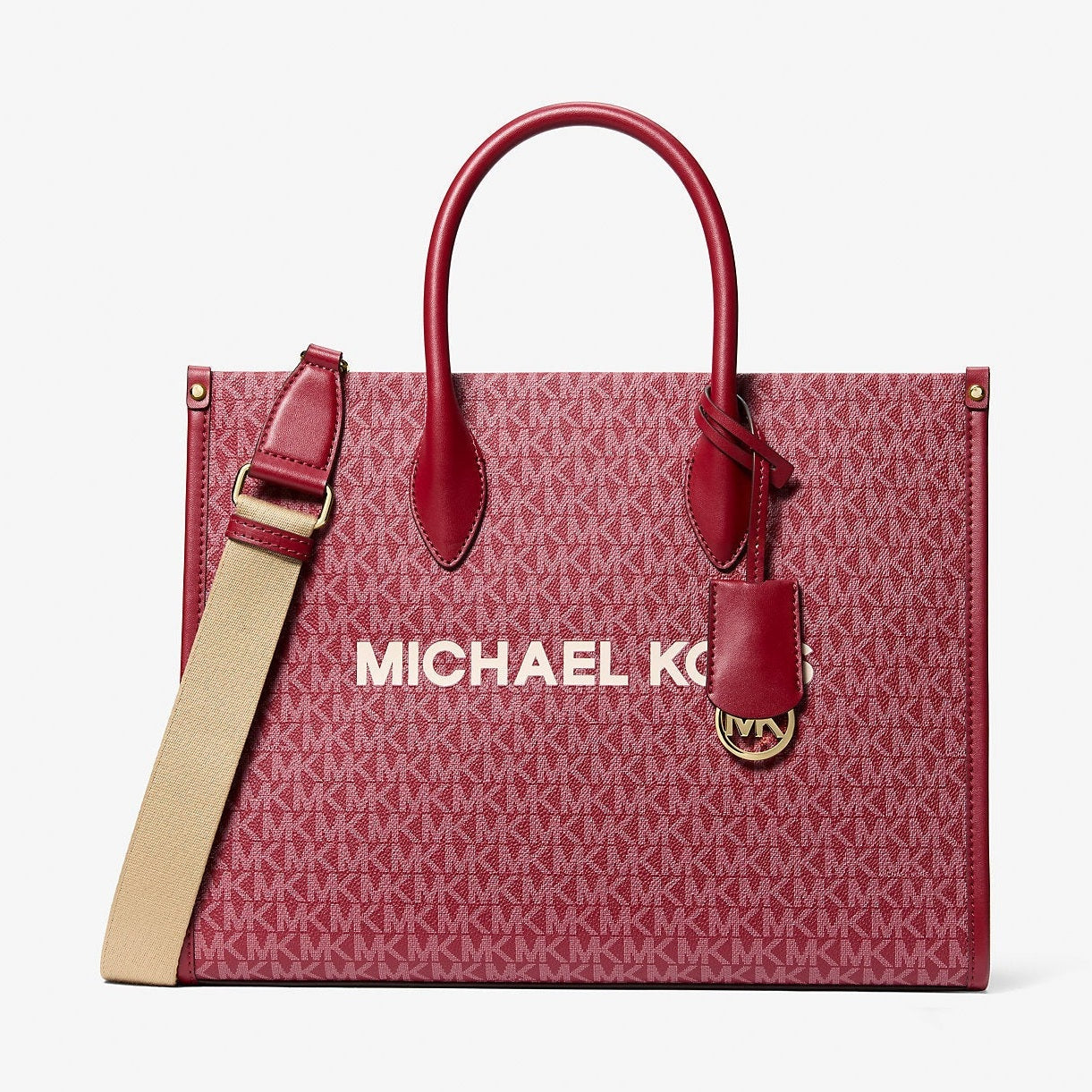 Michael Kors Mirella Medium Metallic Signature Logo Tote Bag Cherry