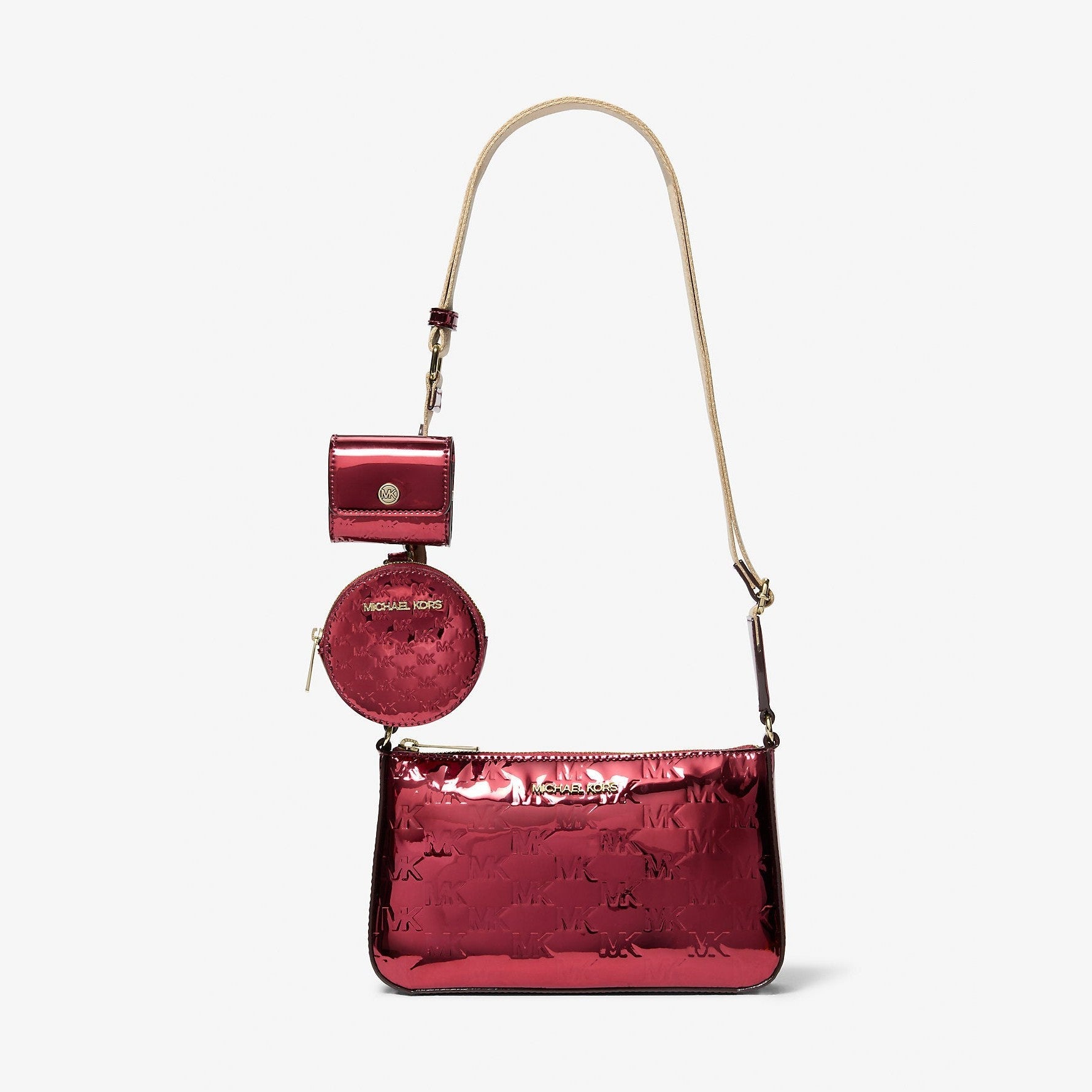 Michael Kors Jet Set Small Metallic Logo Debossed Crossbody Bag with Case for Apple Airpods Pro® Cherry