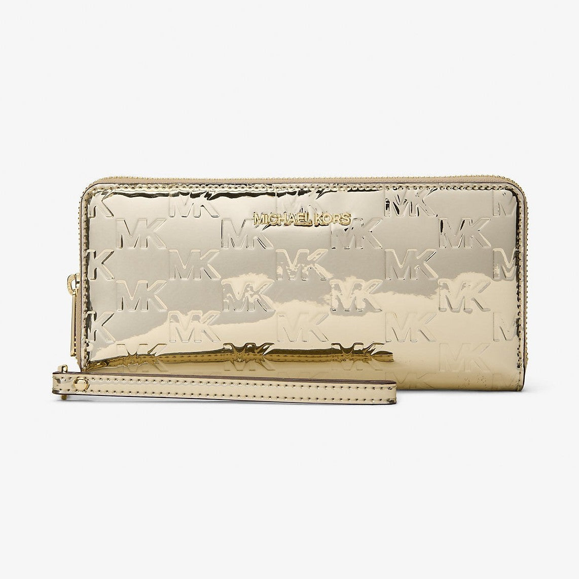 Michael Kors Jet Set Large Metallic Logo Debossed Continental Wallet Pale Gold