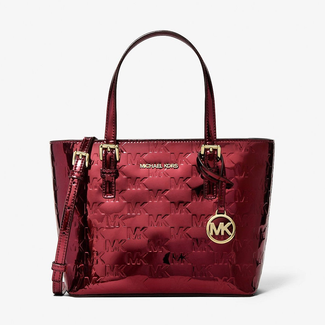 Michael Kors Jet Set Extra-Small Metallic Logo Debossed Convertible Tote Bag Cherry