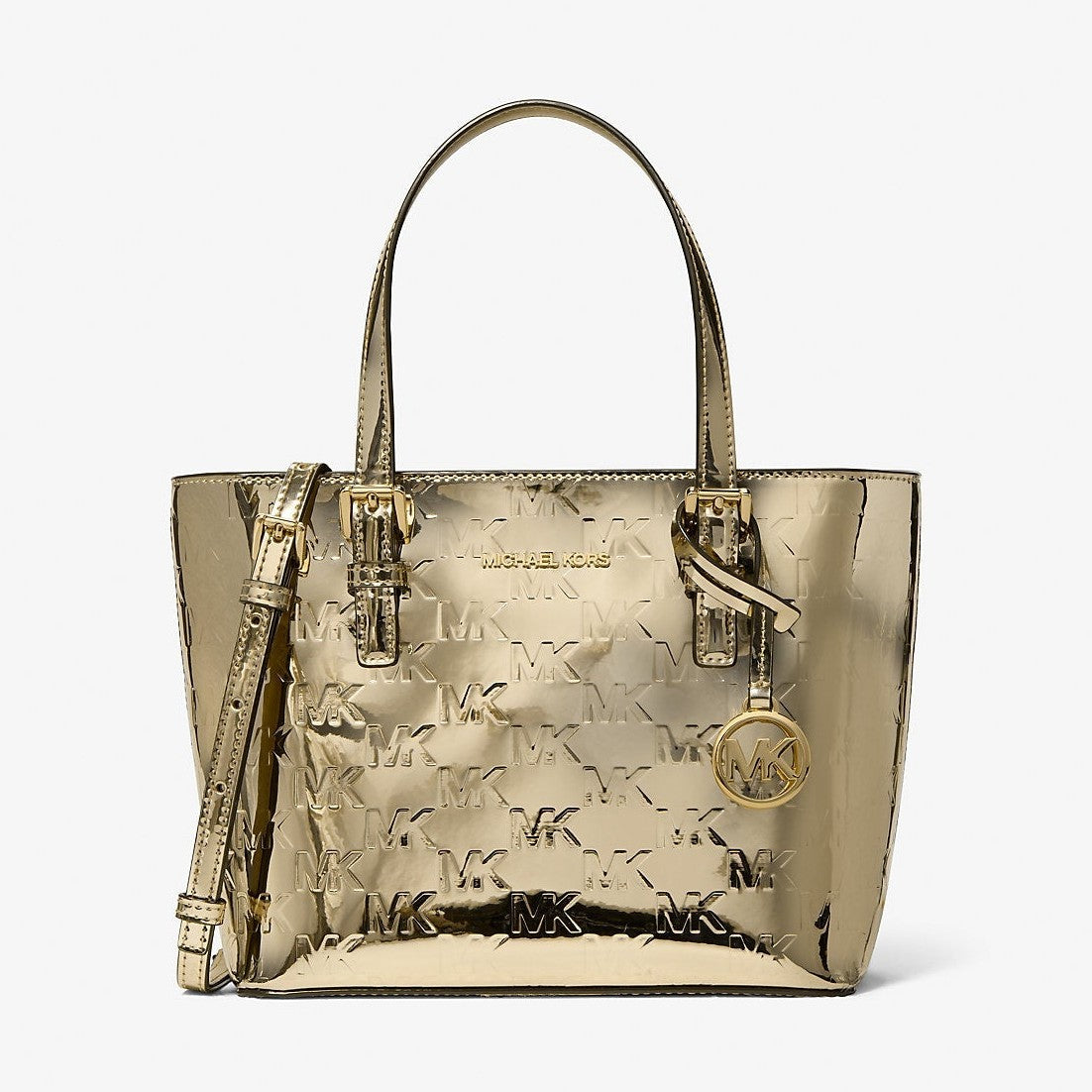 Michael Kors Jet Set Extra-Small Metallic Logo Debossed Convertible Tote Bag Pale Gold