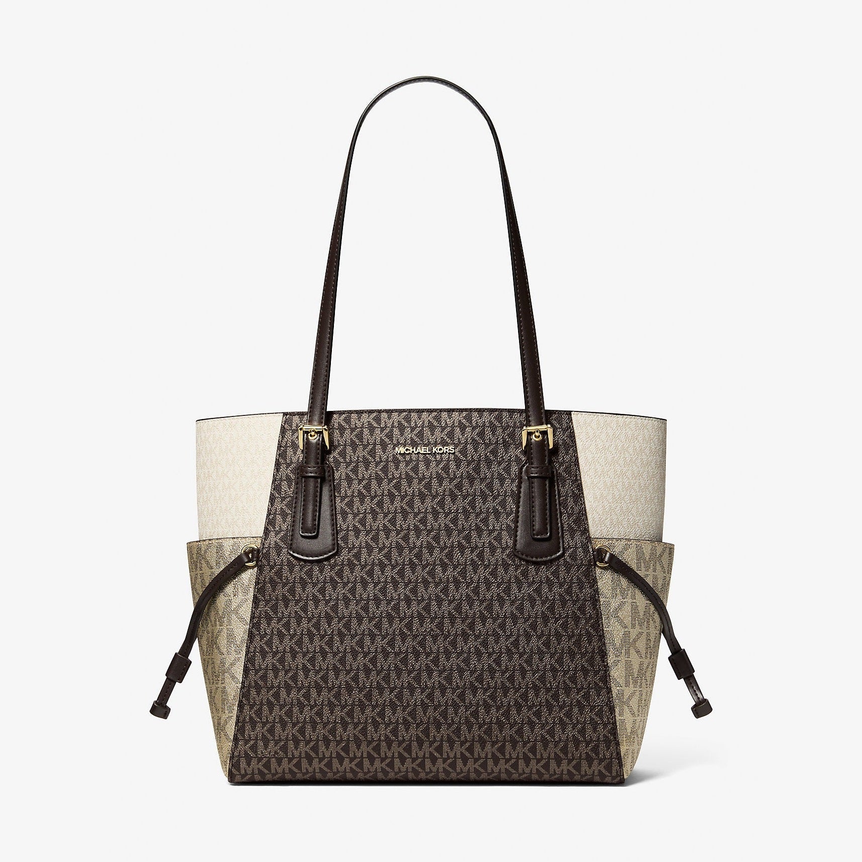 Michael Kors Voyager Large Color-Block Metallic Signature Logo Tote Bag Brown