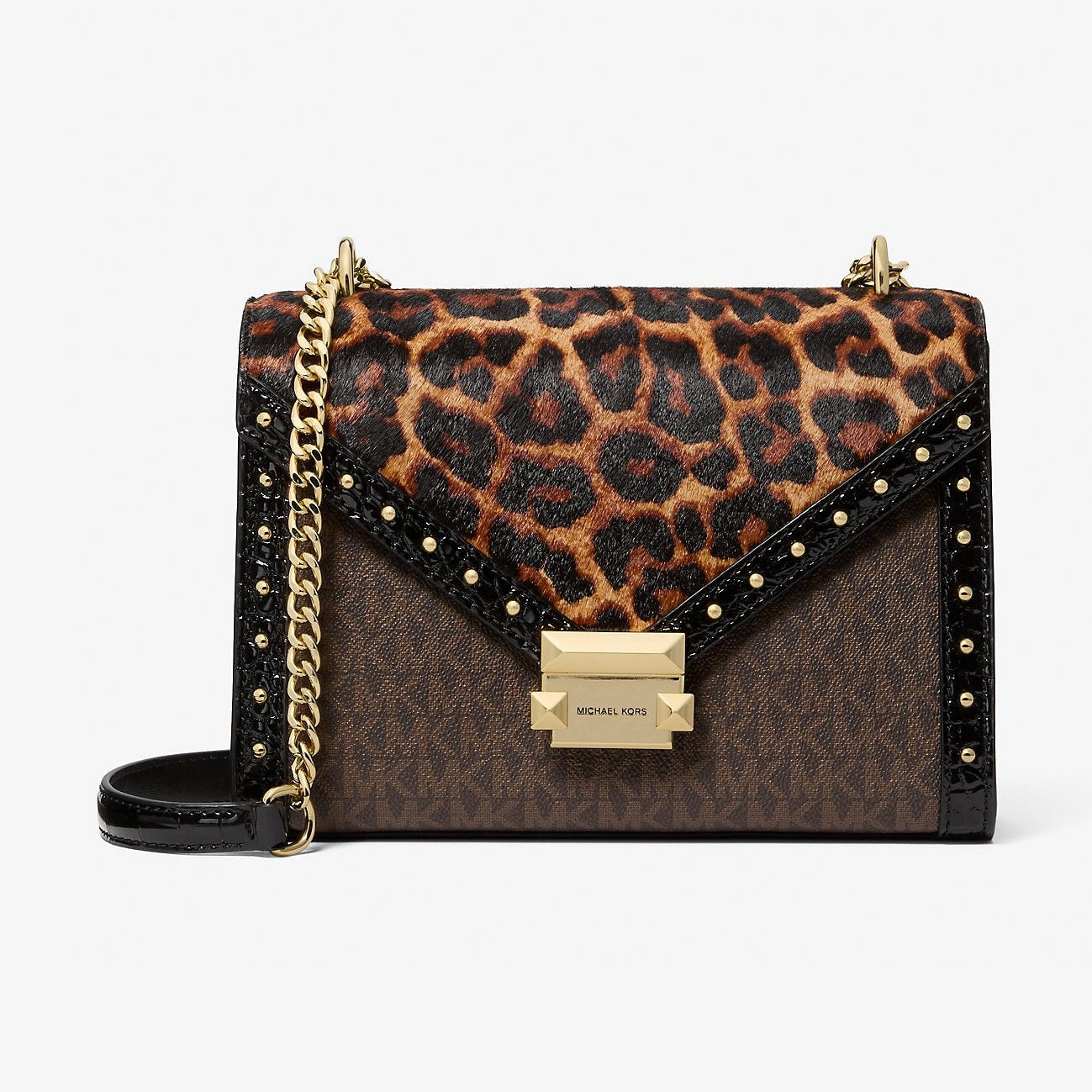 Michael Kors Whitney Leopard Print Calf Hair and Signature Logo Shoulder Bag Butterscotch