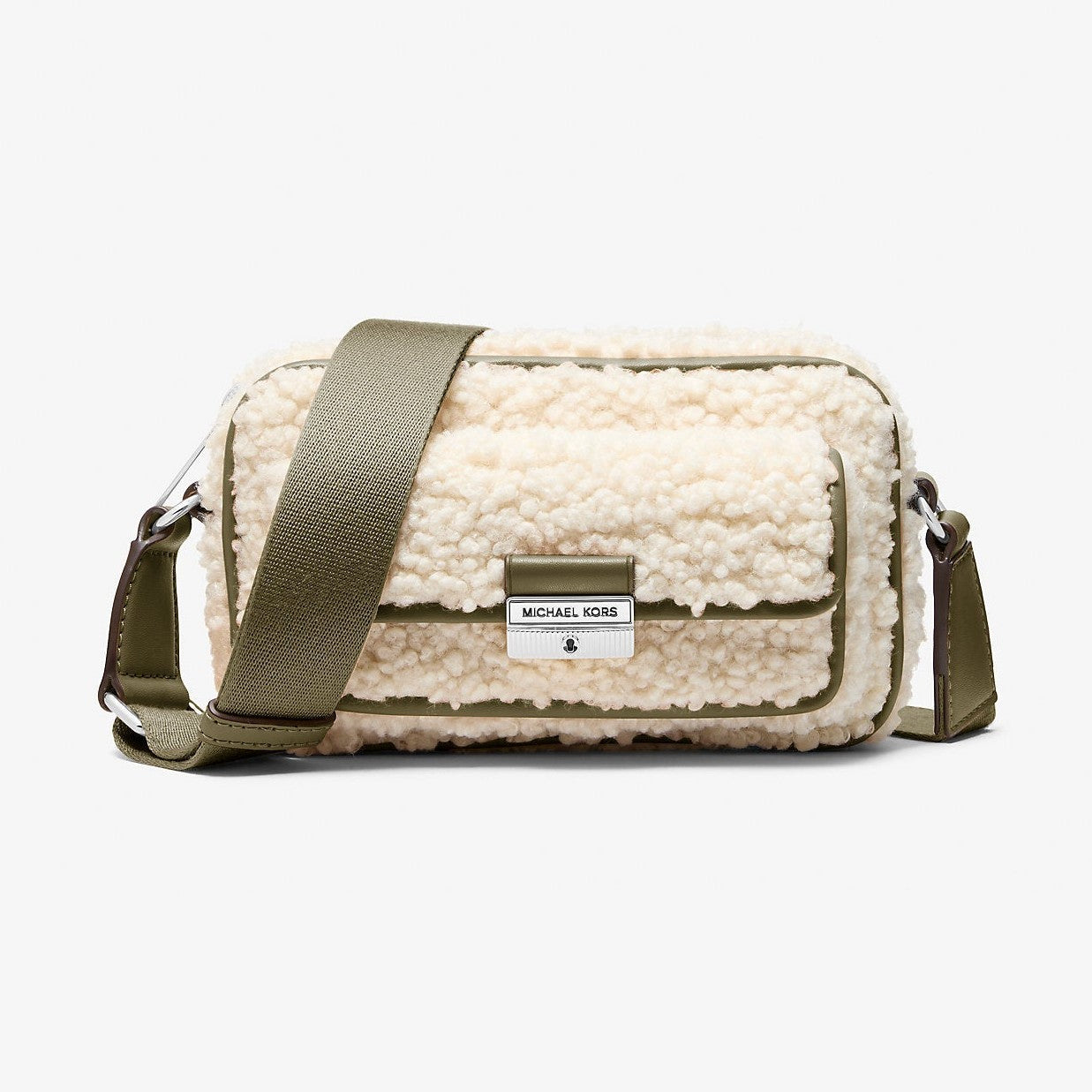 Michael Kors Bradshaw Extra-Small Faux Shearling Camera Crossbody Bag Olive