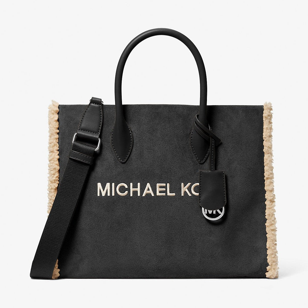 Michael Kors Mirella Medium Suede and Faux Shearling Tote Bag Black