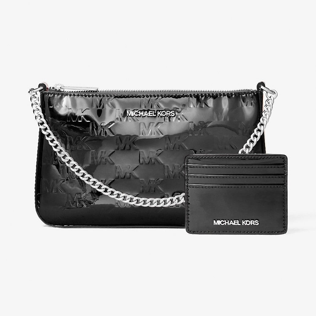Michael Kors Jet Set Patent Logo Debossed Pochette and Card Case Gift Set Black