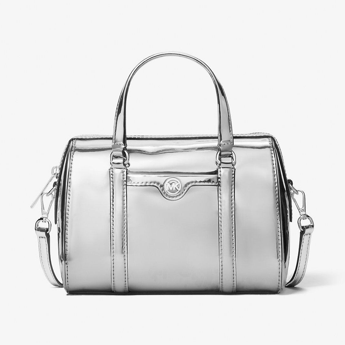 Michael Kors Jet Set Small Patent Duffel Crossbody Bag Silver