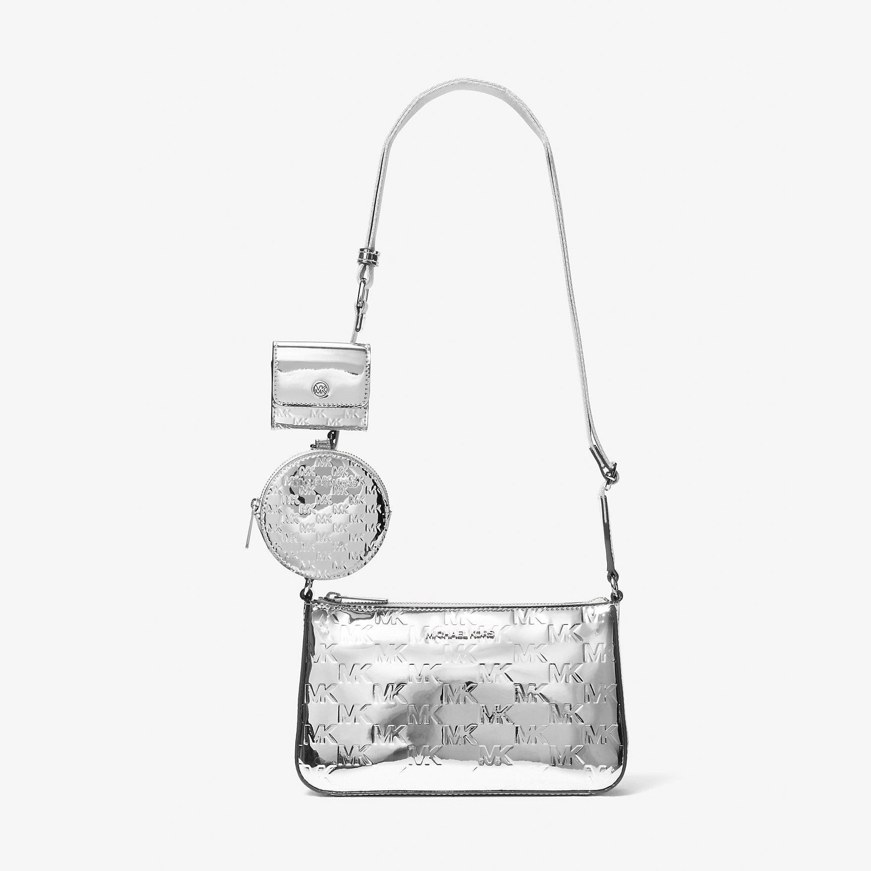 Michael Kors Jet Set Small Patent Logo Debossed Crossbody Bag with Case for Apple Airpods Pro® Silver