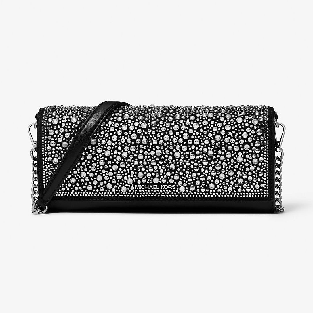Michael Kors Jet Set Medium Embellished Metallic Leather Clutch Black