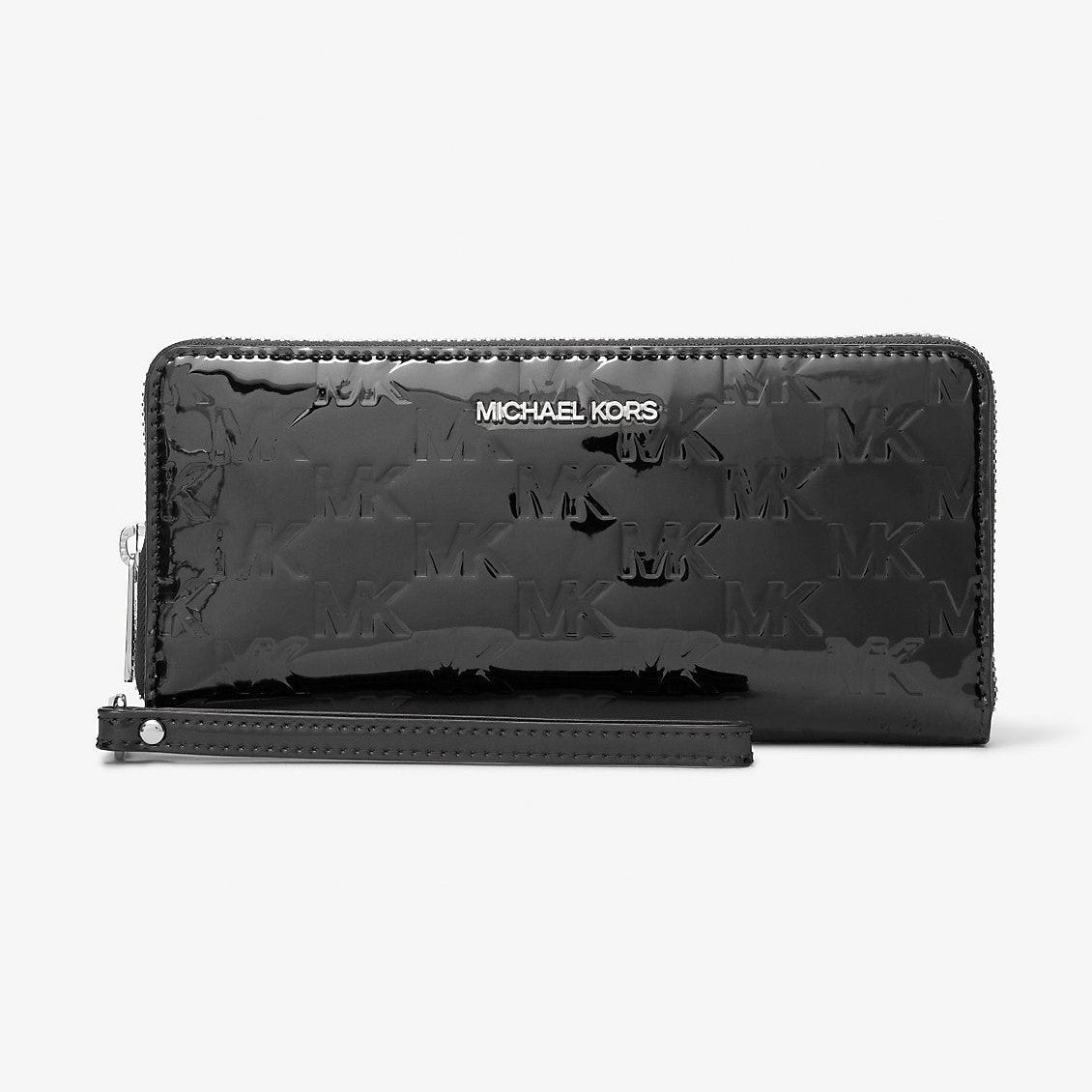 Michael Kors Jet Set Large Patent Logo Debossed Continental Wallet Black